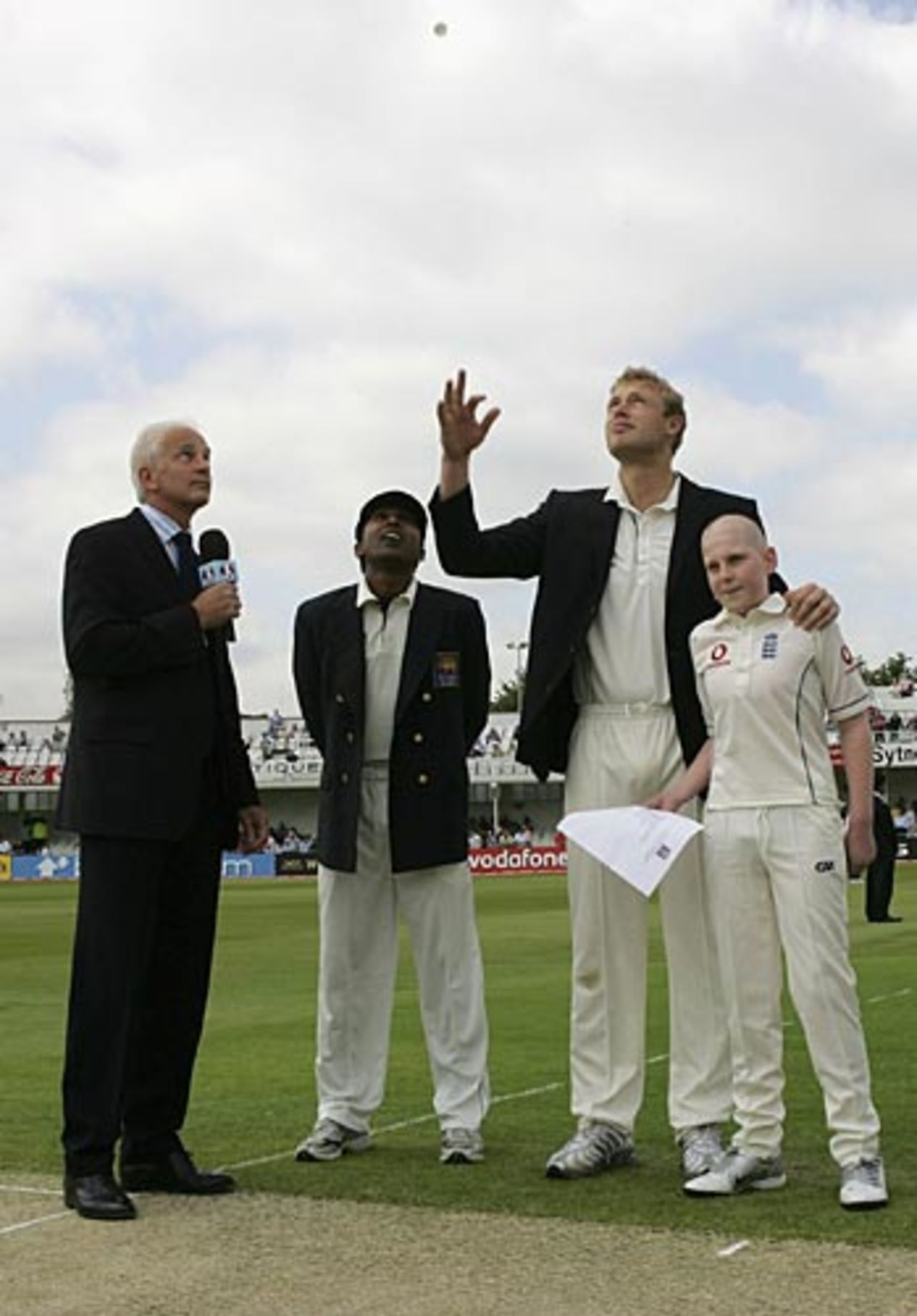 Andrew Flintoff tosses the coin, watched by David Gower, Mahela Jayawardene and England's mascot Darren Woodhouse, England v Sri Lanka, 3rd Test, Trent Bridge, June 2, 2006