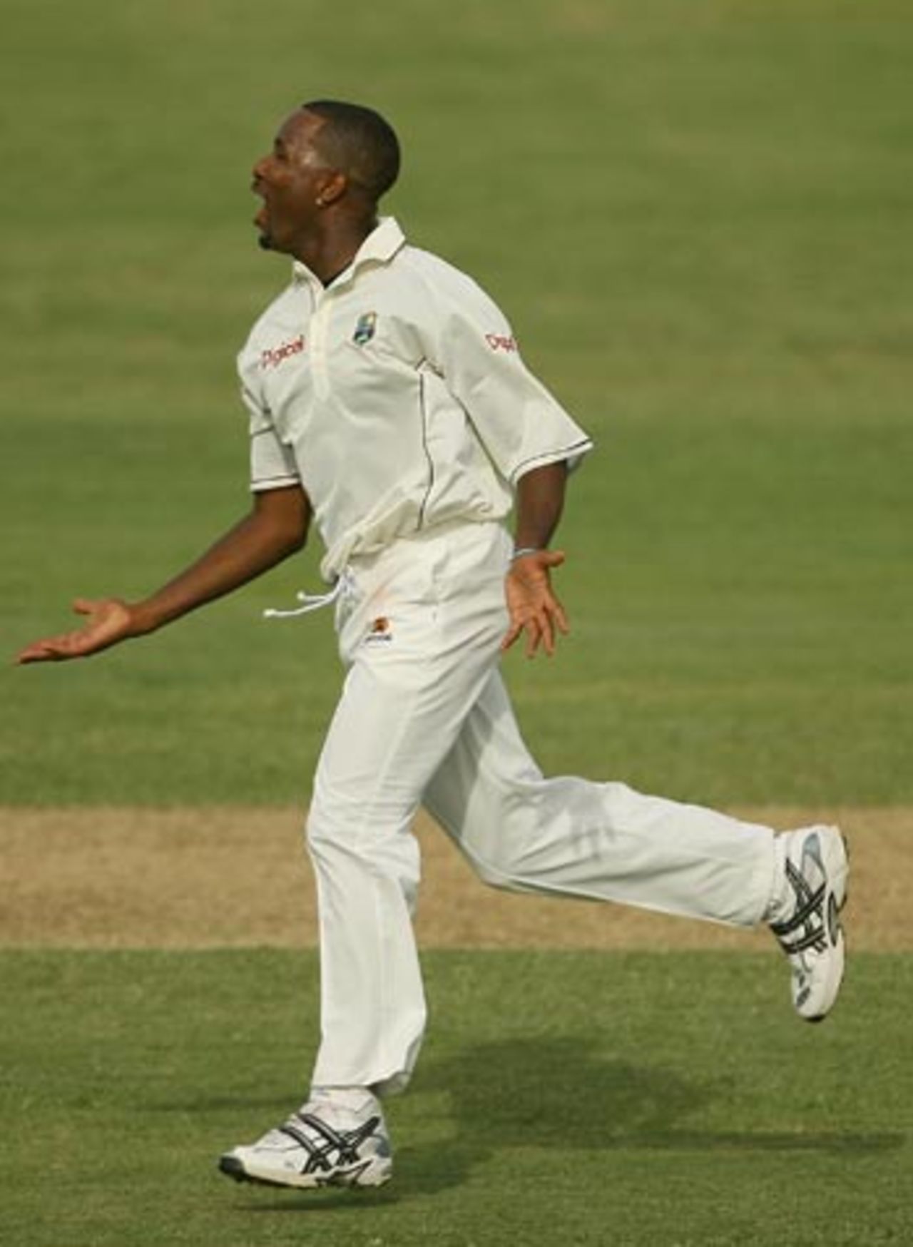 Corey Collymore reacts after taking the crucial wicket of Rahul Dravid, West Indies v India, 1st Test, Antigua, 1st day, June 2, 2006