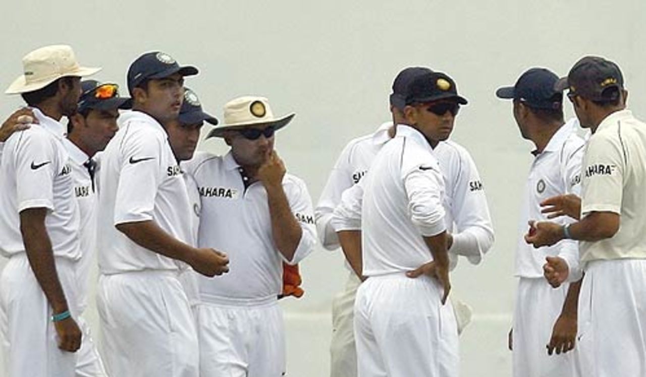The Indians prepare to take the field, West Indies v India, 1st Test, Antigua, 2nd day, June 3, 2006