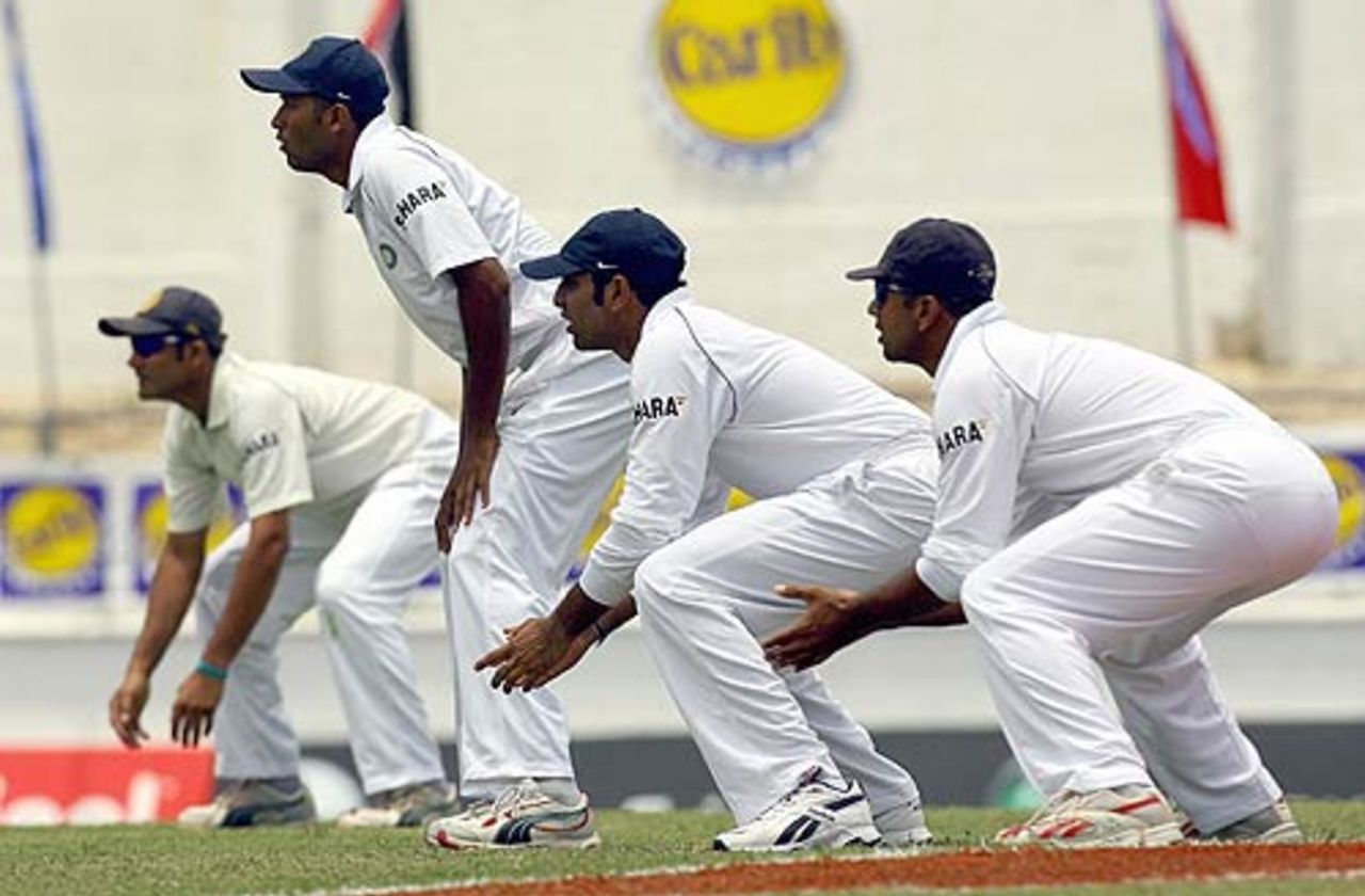 The Indian slip cordon waits for an edge, West Indies v India, 1st Test, Antigua, 2nd day, June 3, 2006