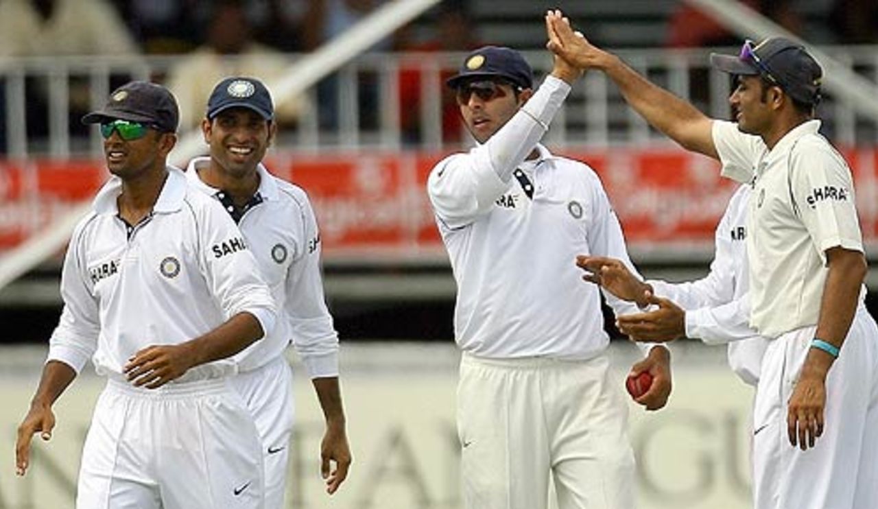 The Indians celebrate Brian Lara's dismissal, West Indies v India, 1st Test, Antigua, 2nd day, June 3, 2006