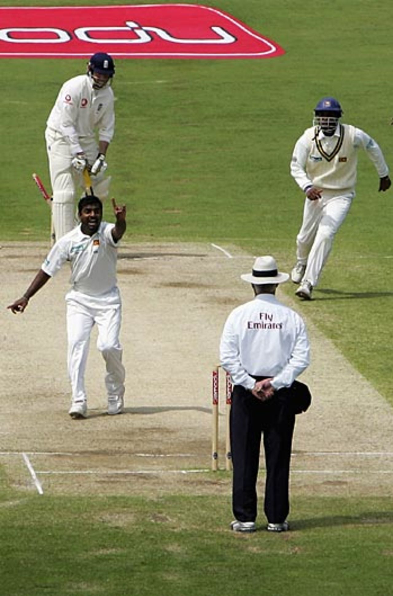 In spite of knocking out his leg stump, Muttiah Muralitharan pleads for Marcus Trescothick's wicket, England v Sri Lanka, 3rd Test, Trent Bridge, June 5, 2006