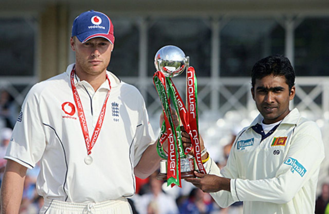 Contrasting feelings: Andrew Flintoff and Mahela Jayawardene share the series trophy, England v Sri Lanka, 3rd Test, Trent Bridge, June 5, 2006