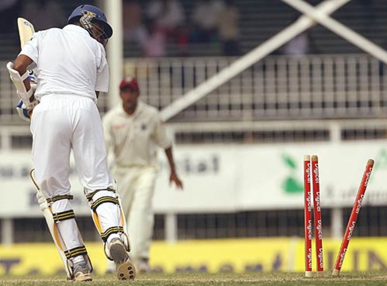 Wasim Jaffer turns to see his off stump pegged back, West Indies v India, 1st Test, Antigua, 4th day, June 5, 2006