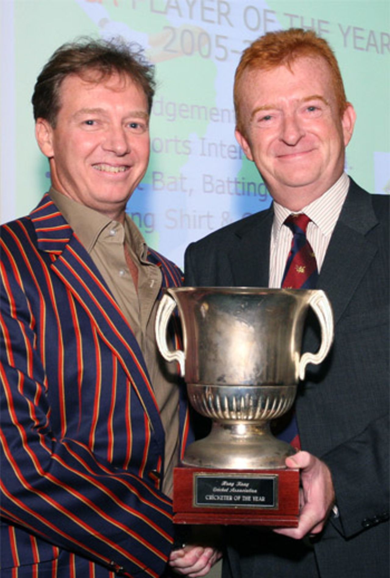 HKCC's Mark Kratzmann receives the Hong Kong Player of the Year trophy from HKCA Chairman Clive Howard at the 2005-06 HKCA End of Season Awards Dinner held at Hong Kong Cricket Club on 3rd June 2006