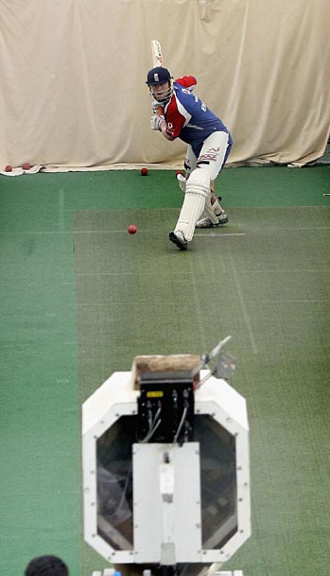 Andrew Flintoff faces the spin machine, Merlyn, developed by Henry Pryor, in the nets, England v Sri Lanka, 2nd Test, Edgbaston, May 24, 2006