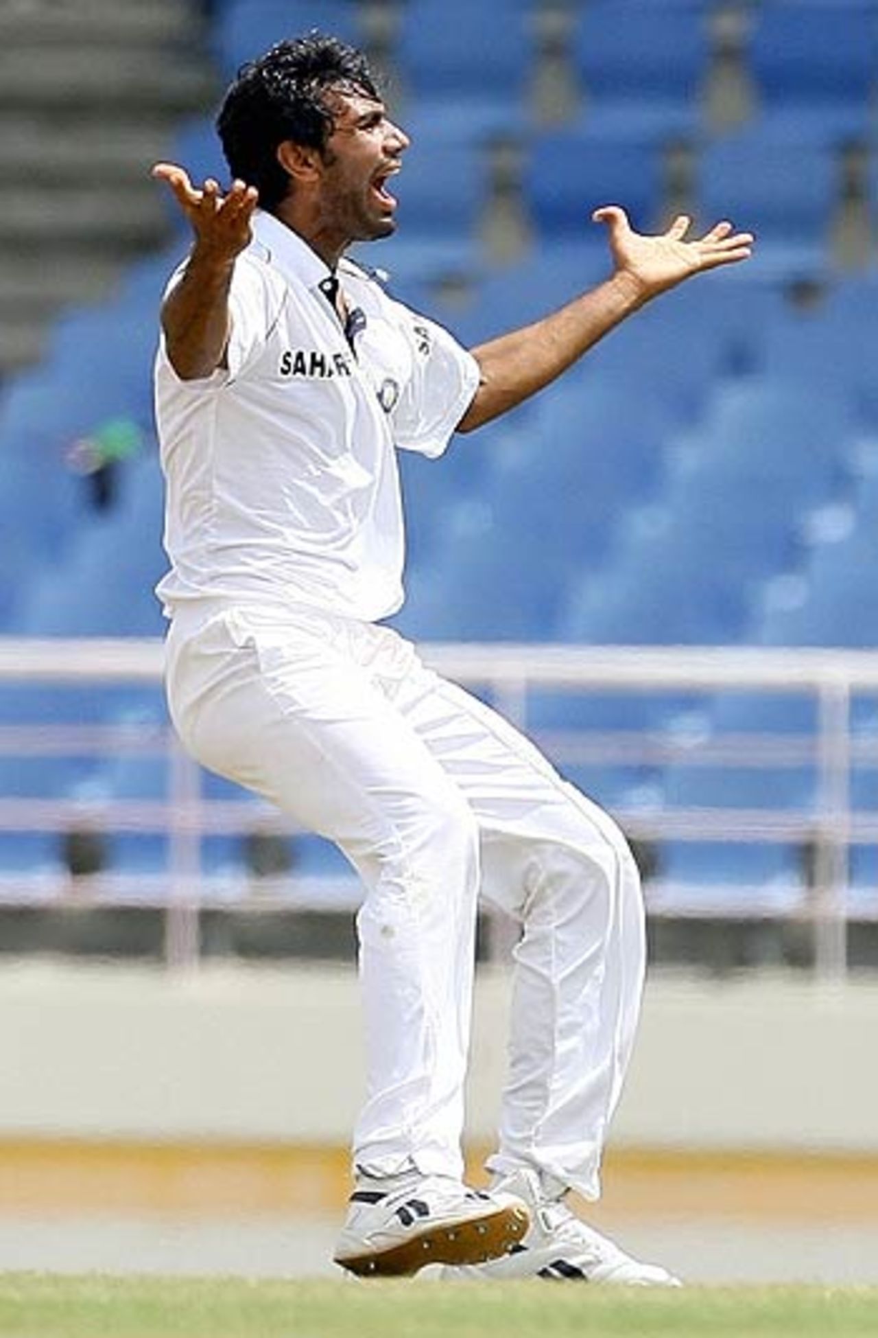 Munaf Patel celebrates after scalping Denesh Ramdin, West Indies v India, 2nd Test, St Lucia, 3rd day, June 12, 2006