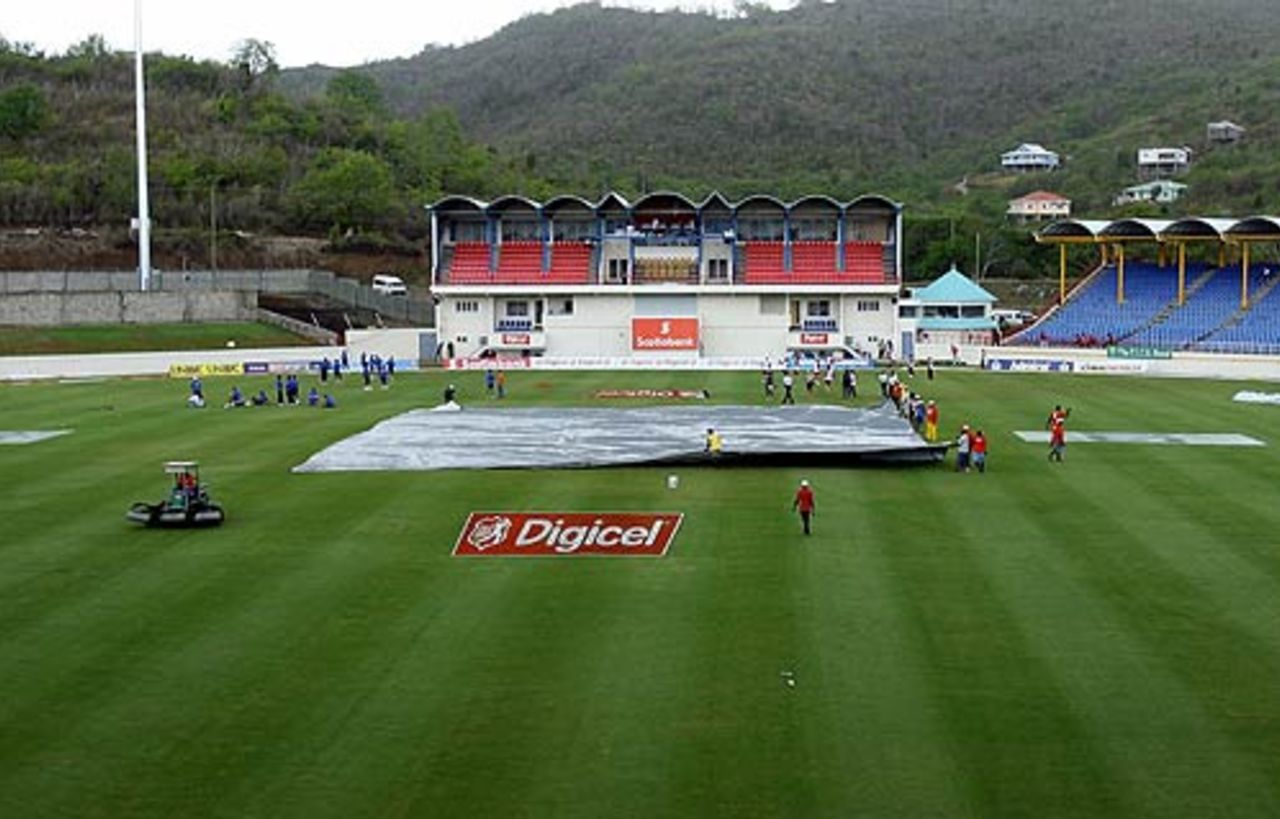 The covers come on at the Beausejour Stadium, West Indies v India, 2nd Test, St Lucia, 4th day, June 13, 2006