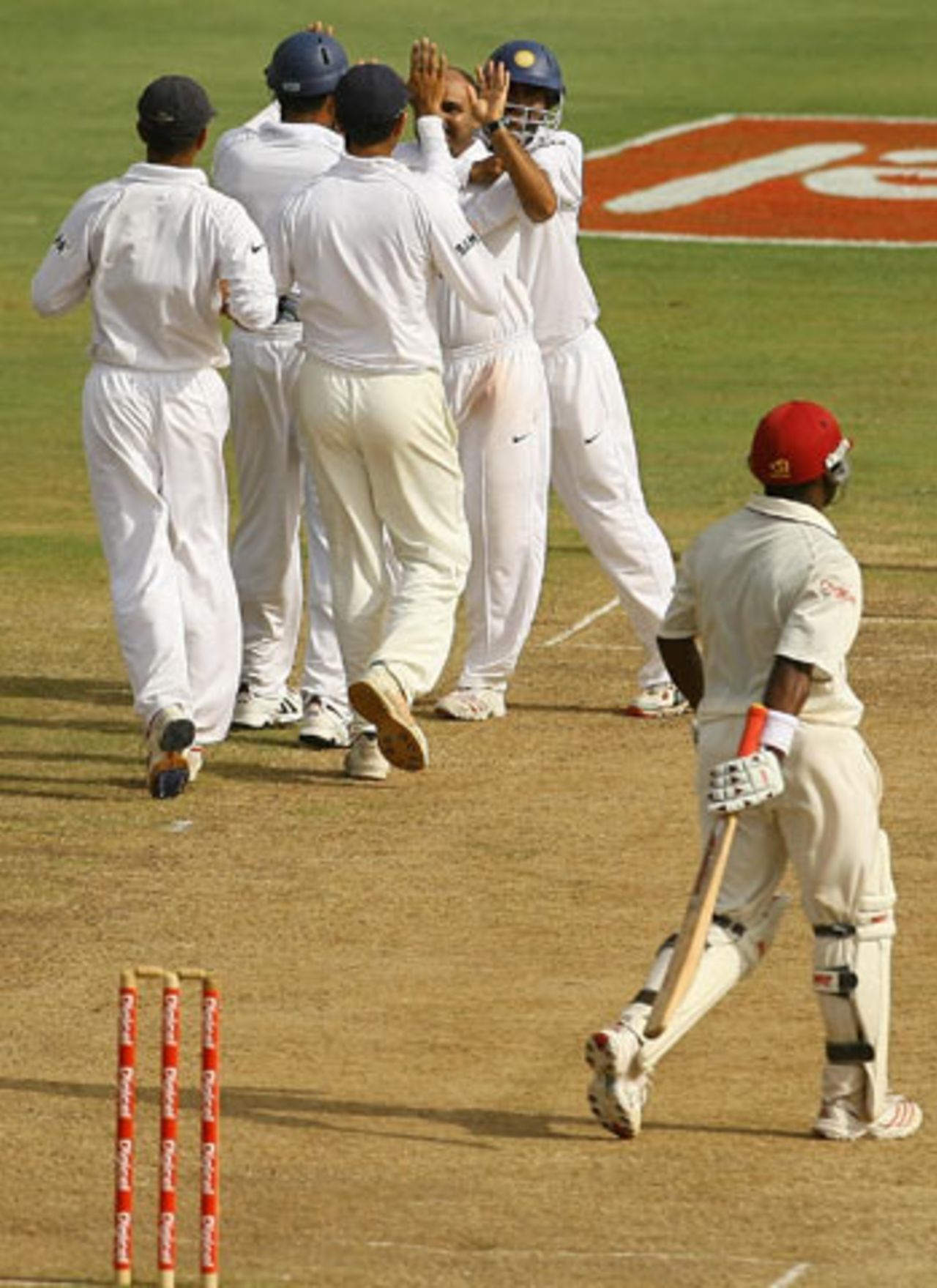 The Indians celebrate as Brian Lara is given out lbw, West Indies v India, 2nd Test, St Lucia, 5th day, June 14, 2006