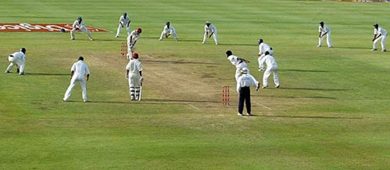 A panoramic view of the field positions in the closing stages of the day, West Indies v India, 2nd Test, St Lucia, 5th day, June 14, 2006