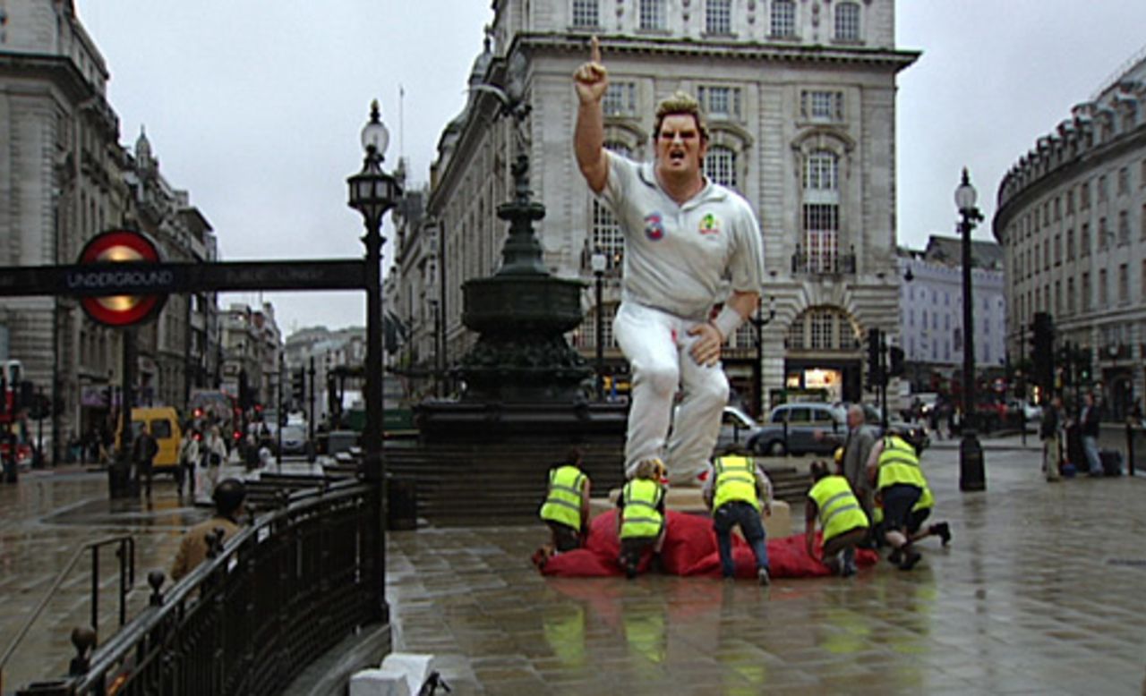 The 28-foot tall statue of Shane Warne is unveiled at Piccadilly Circus, London, as part of Cricket Australia's 'Big Warnie' spoof TV promotion of the Ashes series in November