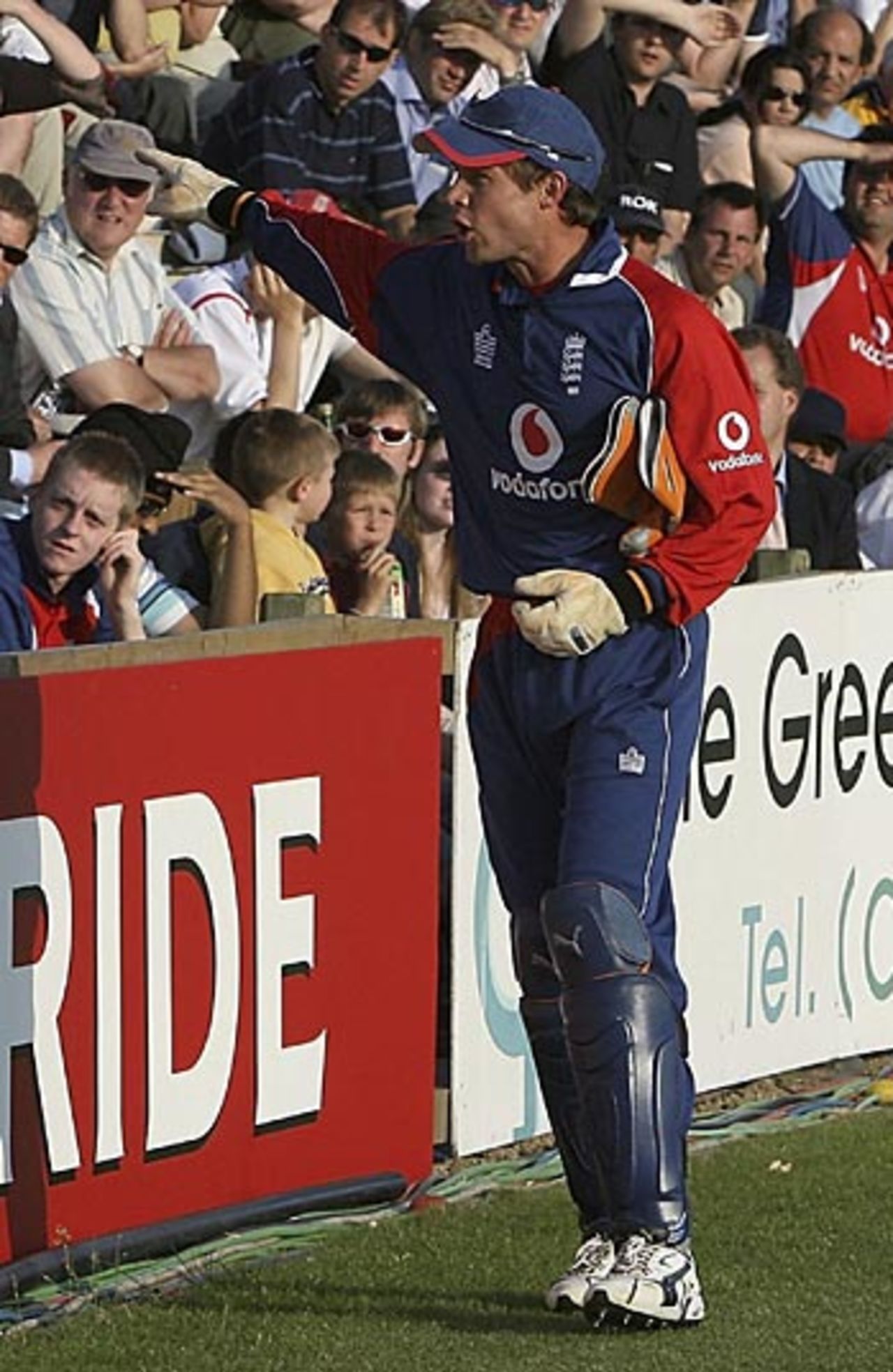 Geraint Jones points out a spectator to a steward after he took exception to a comment made when Ed Joyce was lying injured , England v Sri Lanka, Twenty20, Southampton, June 15, 2006