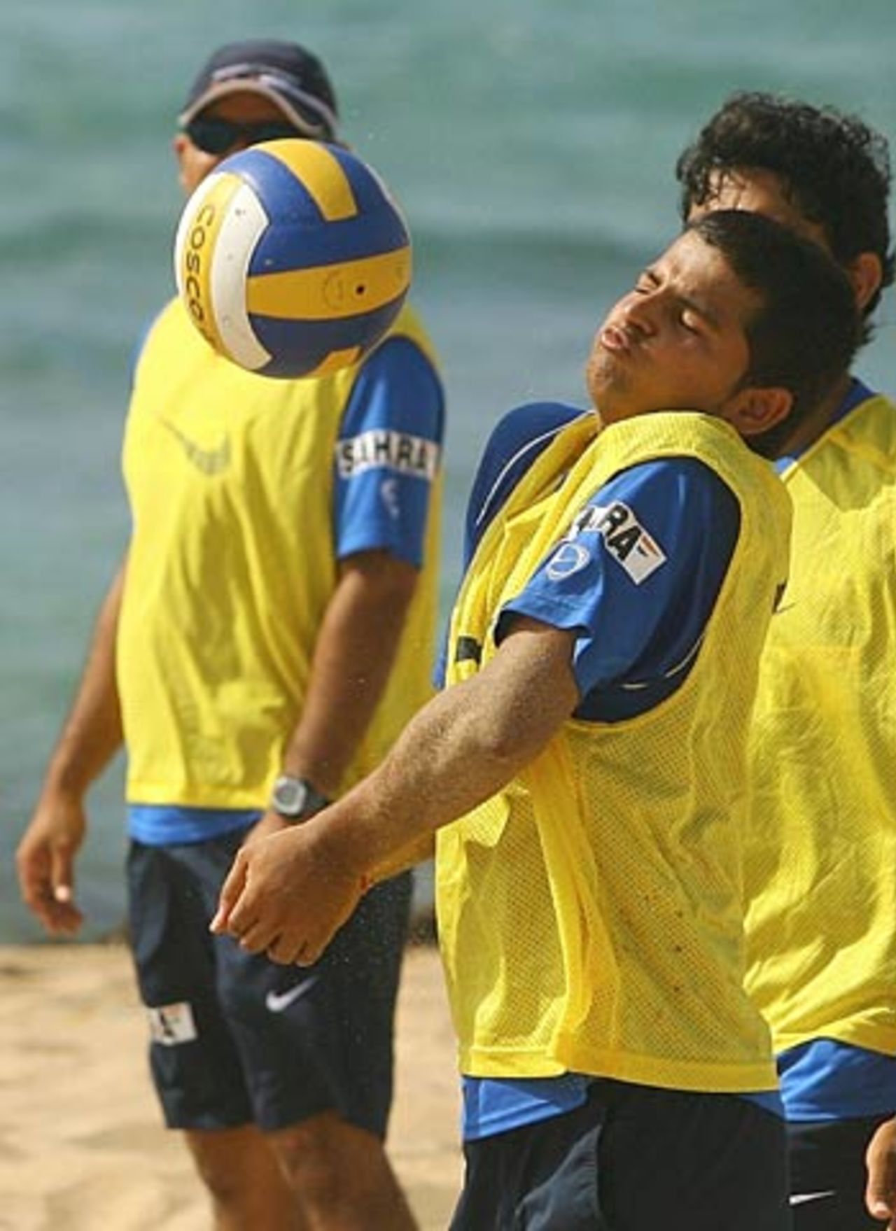 Suresh Raina takes a shot as the Indians enjoy a game of beach volleyball, St Kitts, June 17, 2006