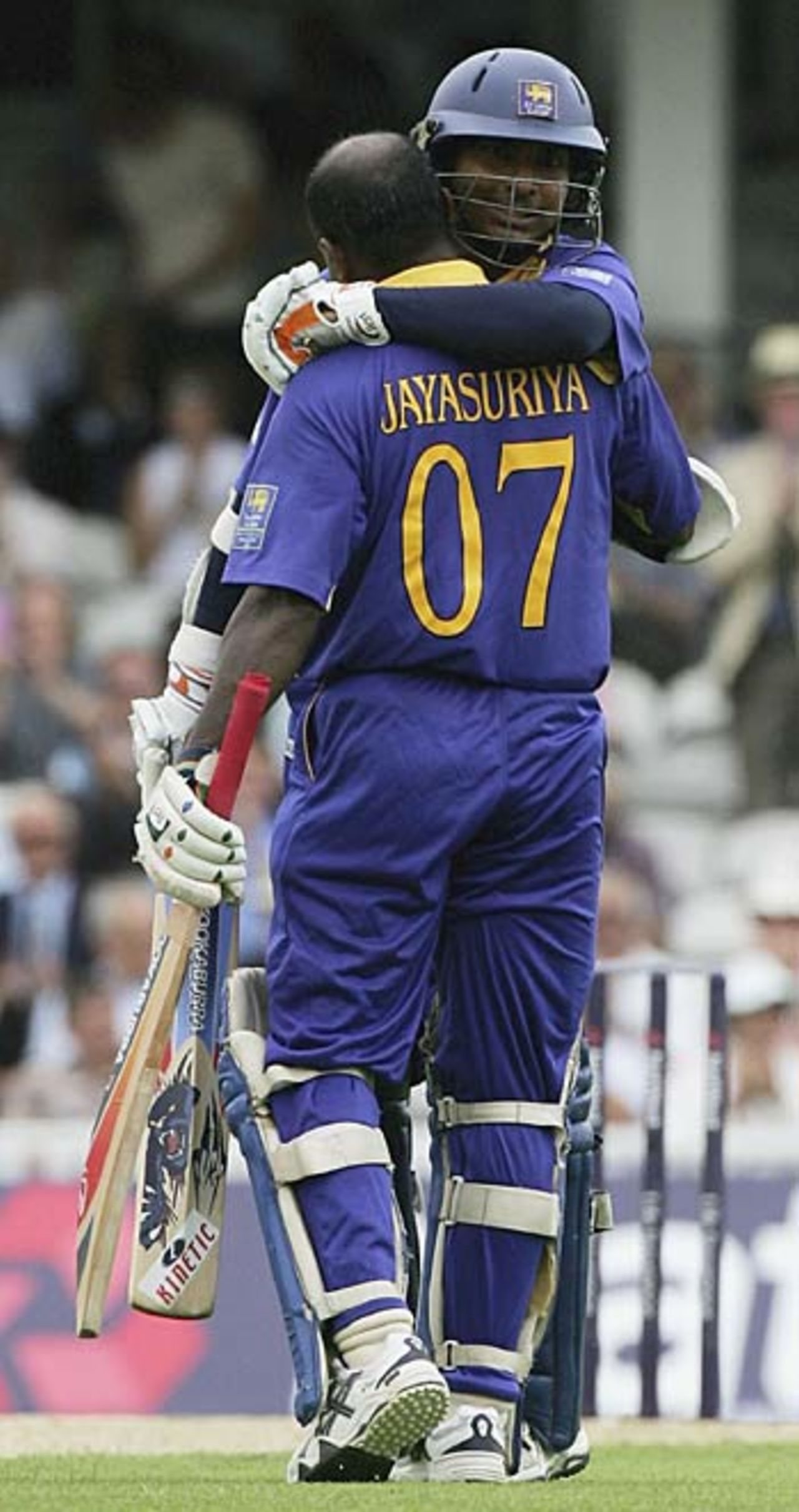 Kumar Sangakkara congratulates Sanath Jayasuriya on bringing up his hundred. The pair added 160 for the second wicket, England v Sri Lanka, The Oval, June 20, 2006
