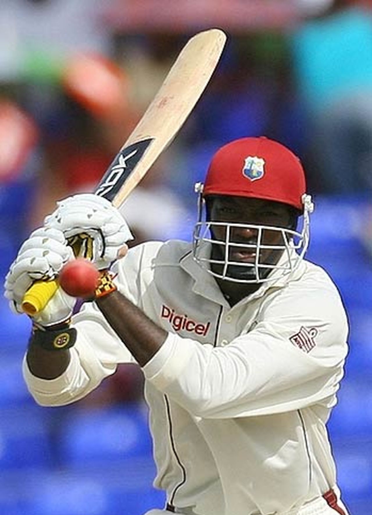 Chris Gayle drives during his half-century, West Indies v India, 3rd Test, St Kitts, 1st day, June 22, 2006
