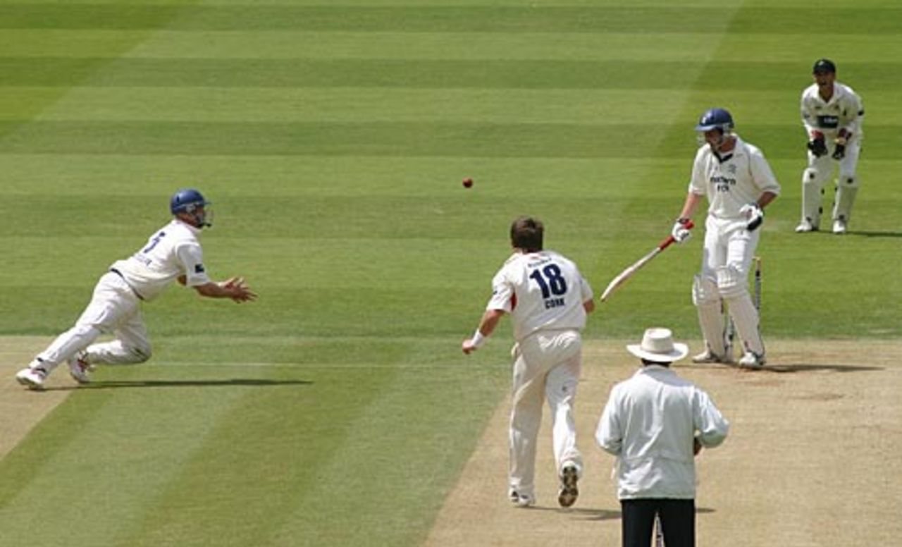 Iain Sutcliffe dives but just fails to catch Chris Peploe, Middlesex v Lancashire, Lord's, June 23, 2006