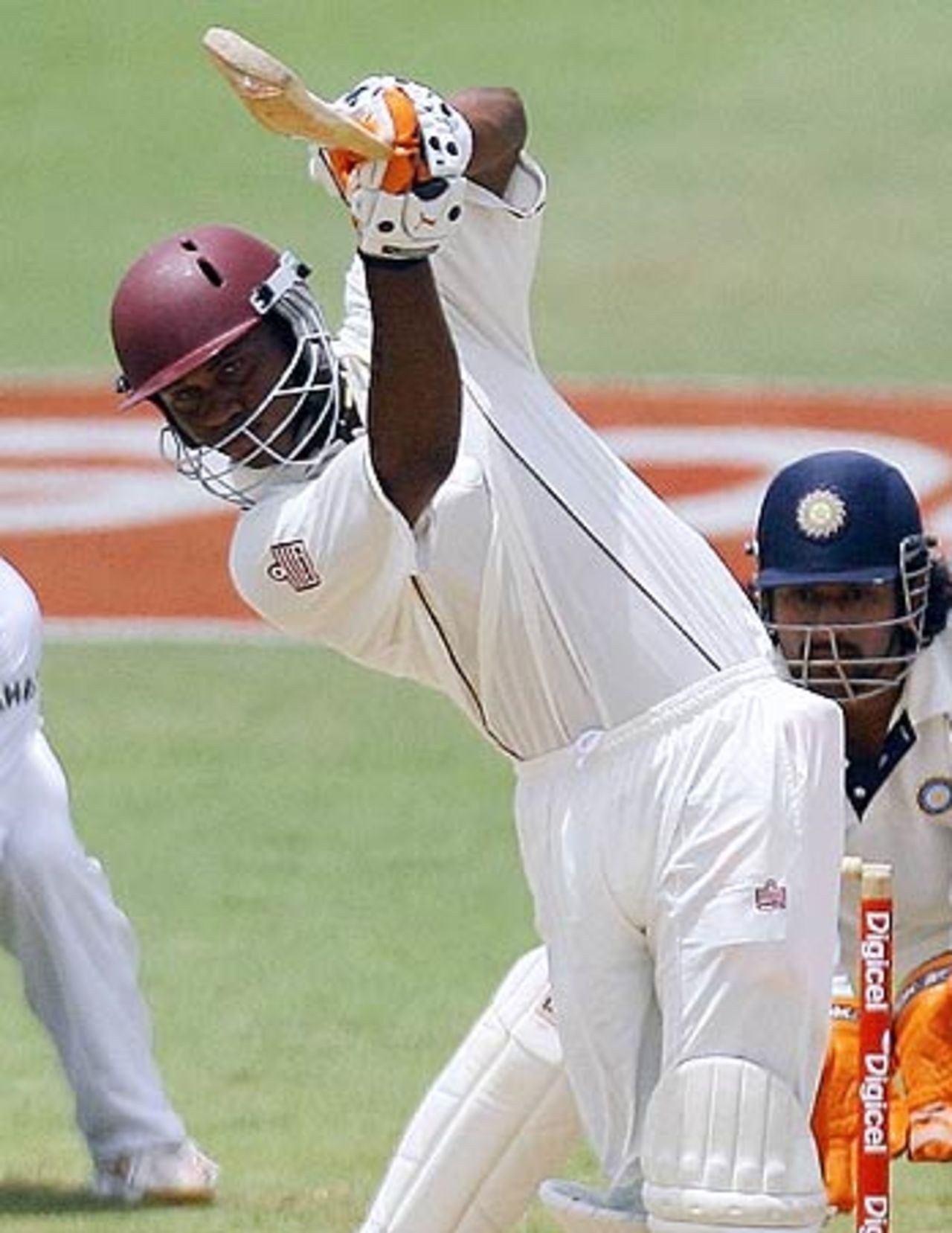 Marlon Samuels drives during his half-century, West Indies v India, 3rd Test, St Kitts, 3rd day, June 24, 2006