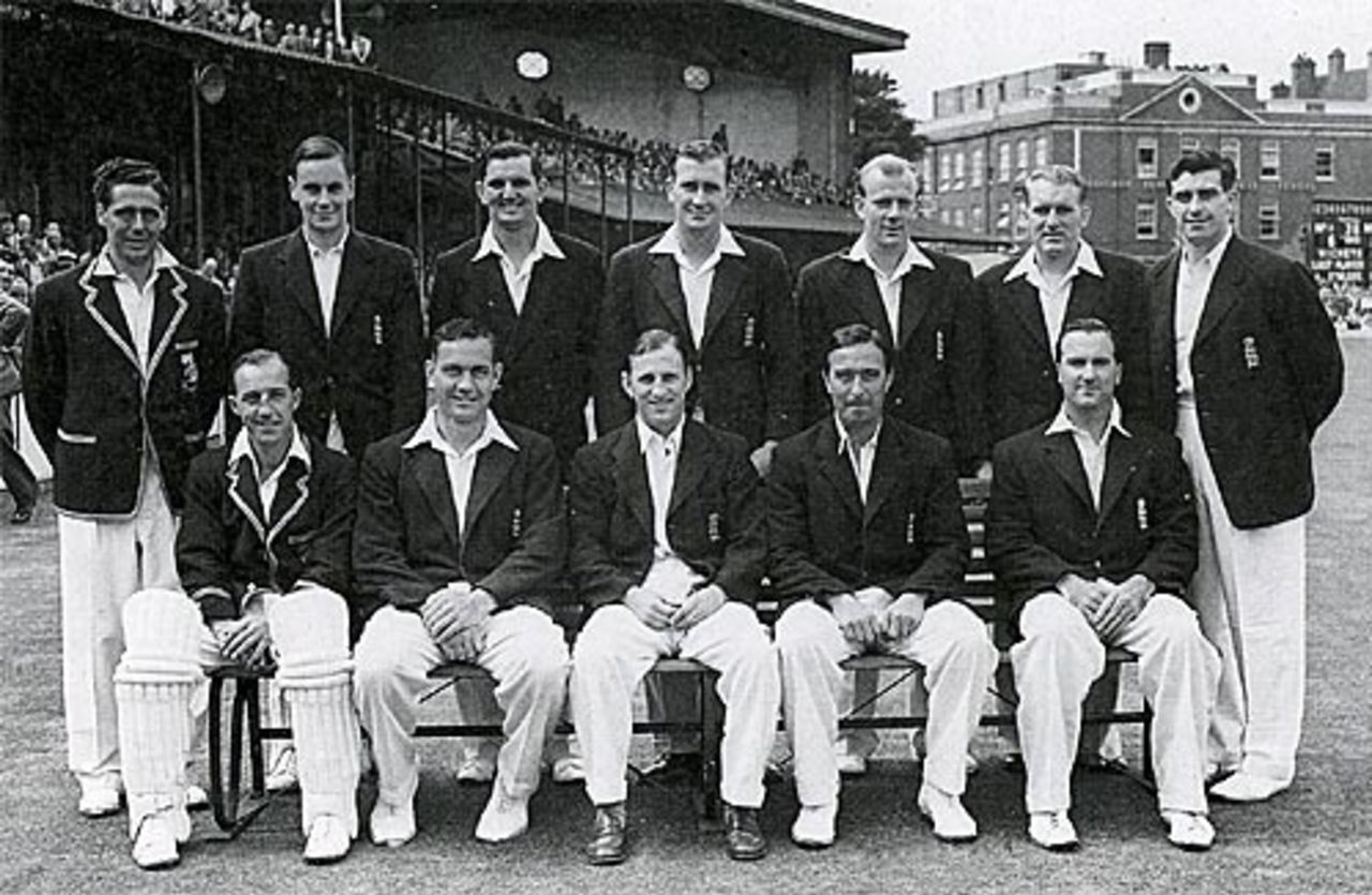 The England side that regained the Ashes at The Oval in 1953: Trevor Bailey, Peter May, Tom Graveney, Jim Laker, Tony Lock, Johnny Wardle (12th man), Fred Trueman. (Front row)  Bill Edrich, Alec Bedser, Len Hutton (captain), Denis Compton, Godfrey Evans.