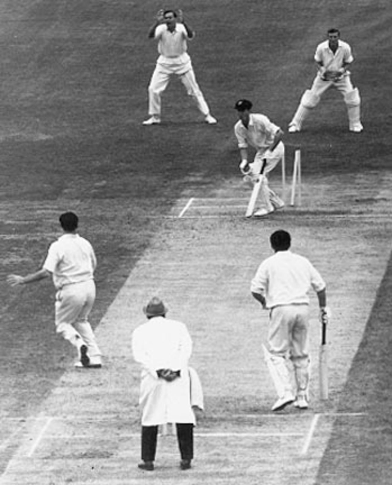 Ian Redpath is bowled centre stump by England's Fred Trueman during the 5th Test at the Oval - it was his 299th Test wicket, England v Australia, The Oval, August 15, 1964
