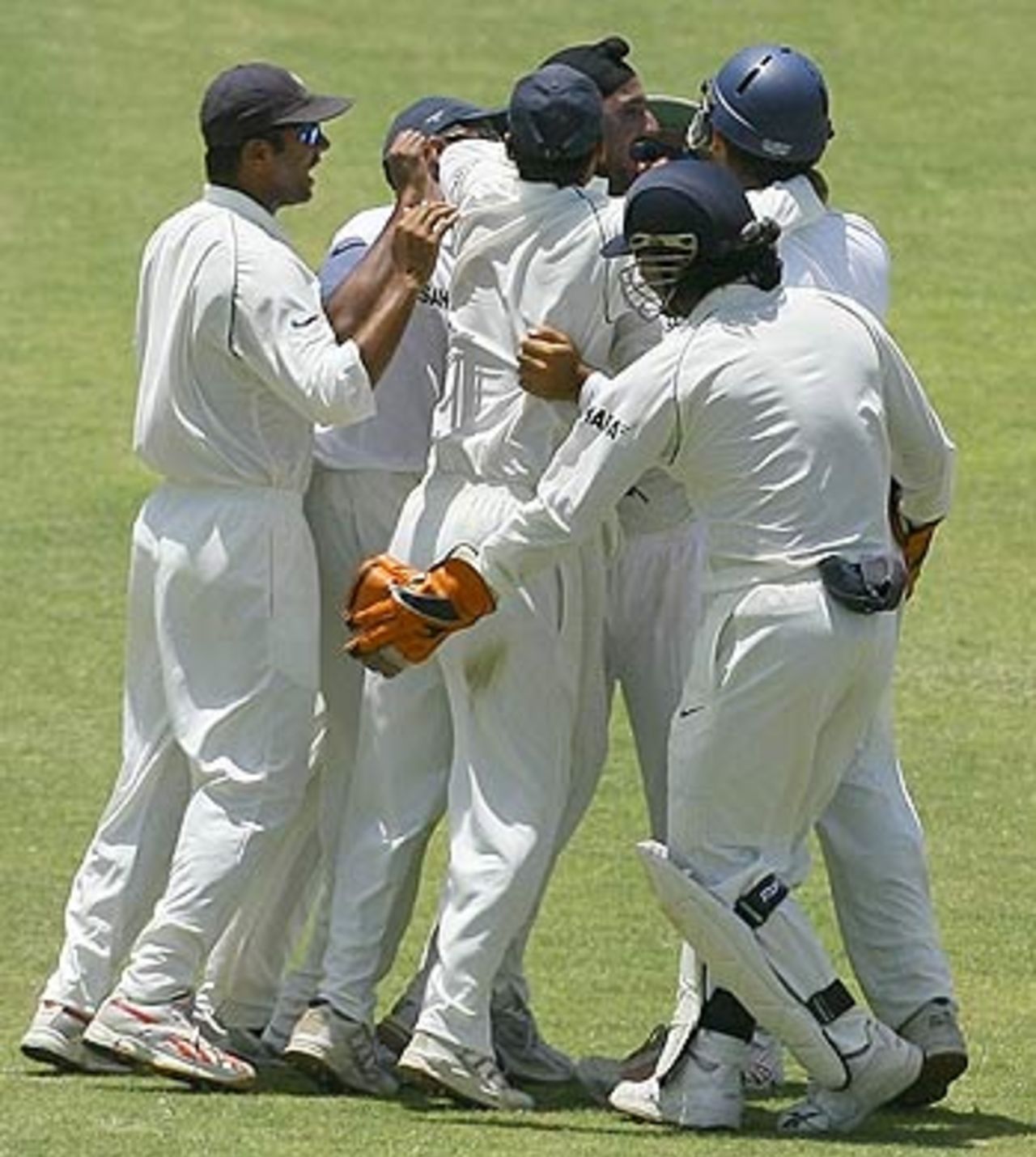 The Indians mob Harbhajan Singh after another West Indian wicket falls, West Indies v India, 4th Test, Jamaica, 2nd day, July 1, 2006