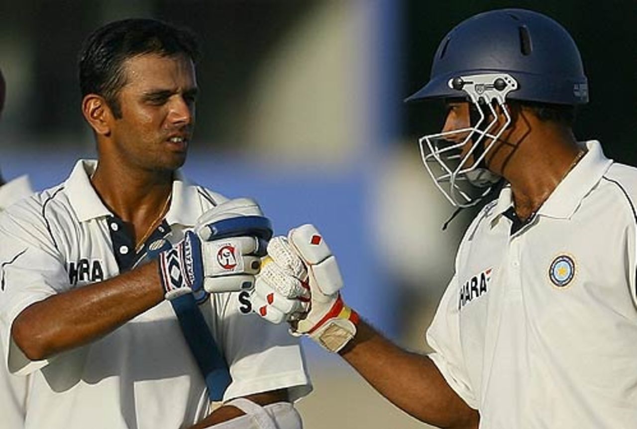 Anil Kumble congratulates Rahul Dravid on his half-century, West Indies v India, 4th Test, Jamaica, 2nd day, July 1, 2006