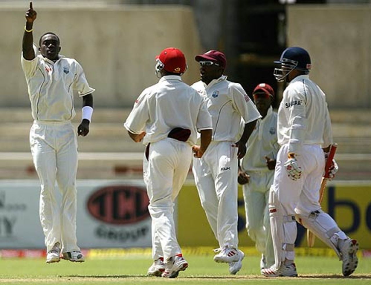 The West Indians celebrate Virender Sehwag's wicket, West Indies v India, 4th Test, Jamaica, 2nd day, July 1, 2006