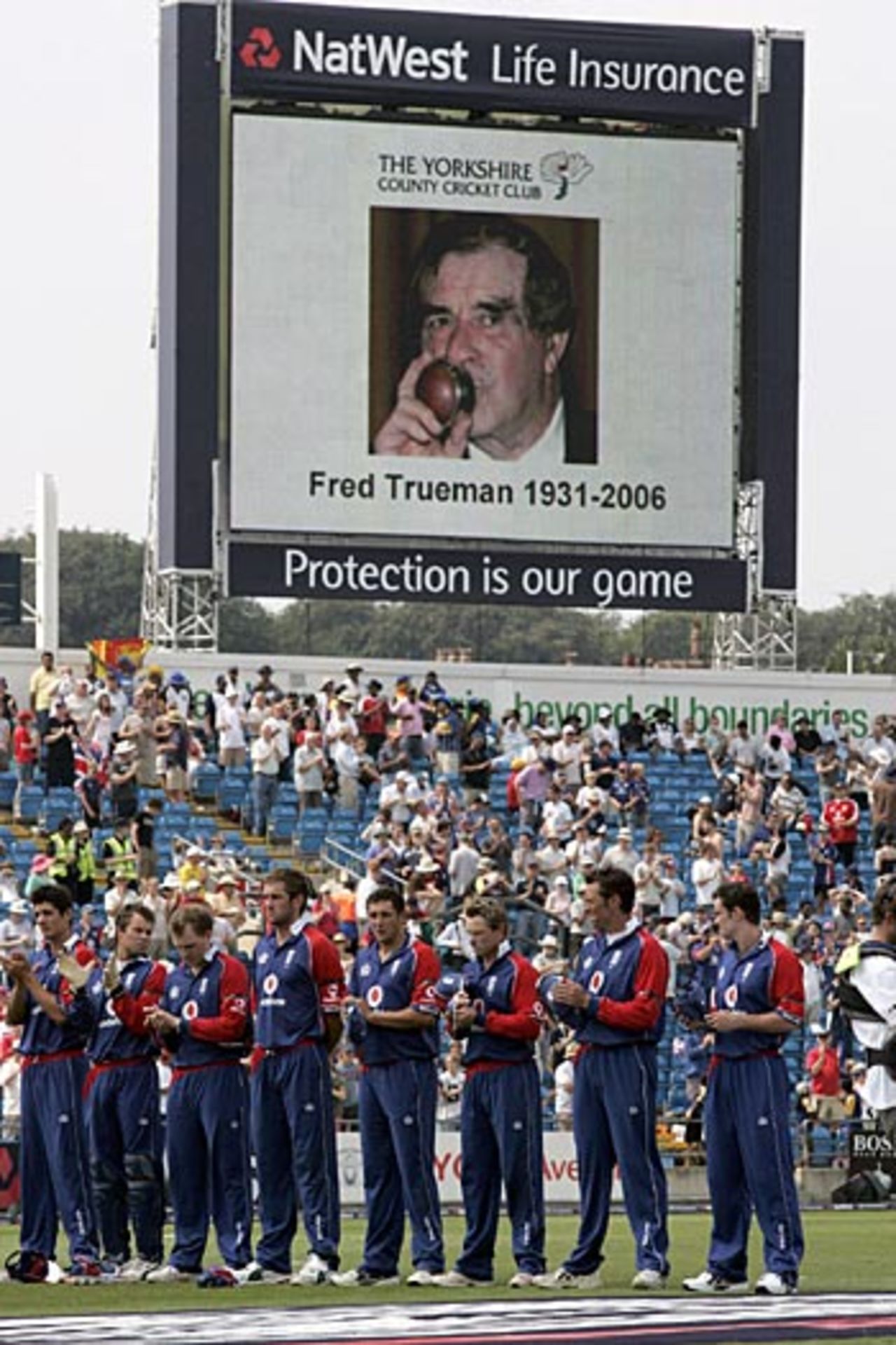 The England team line up for a minute's silence for Fred Trueman, England v Sri Lanka, 5th ODI, Headingley, July 1, 2006