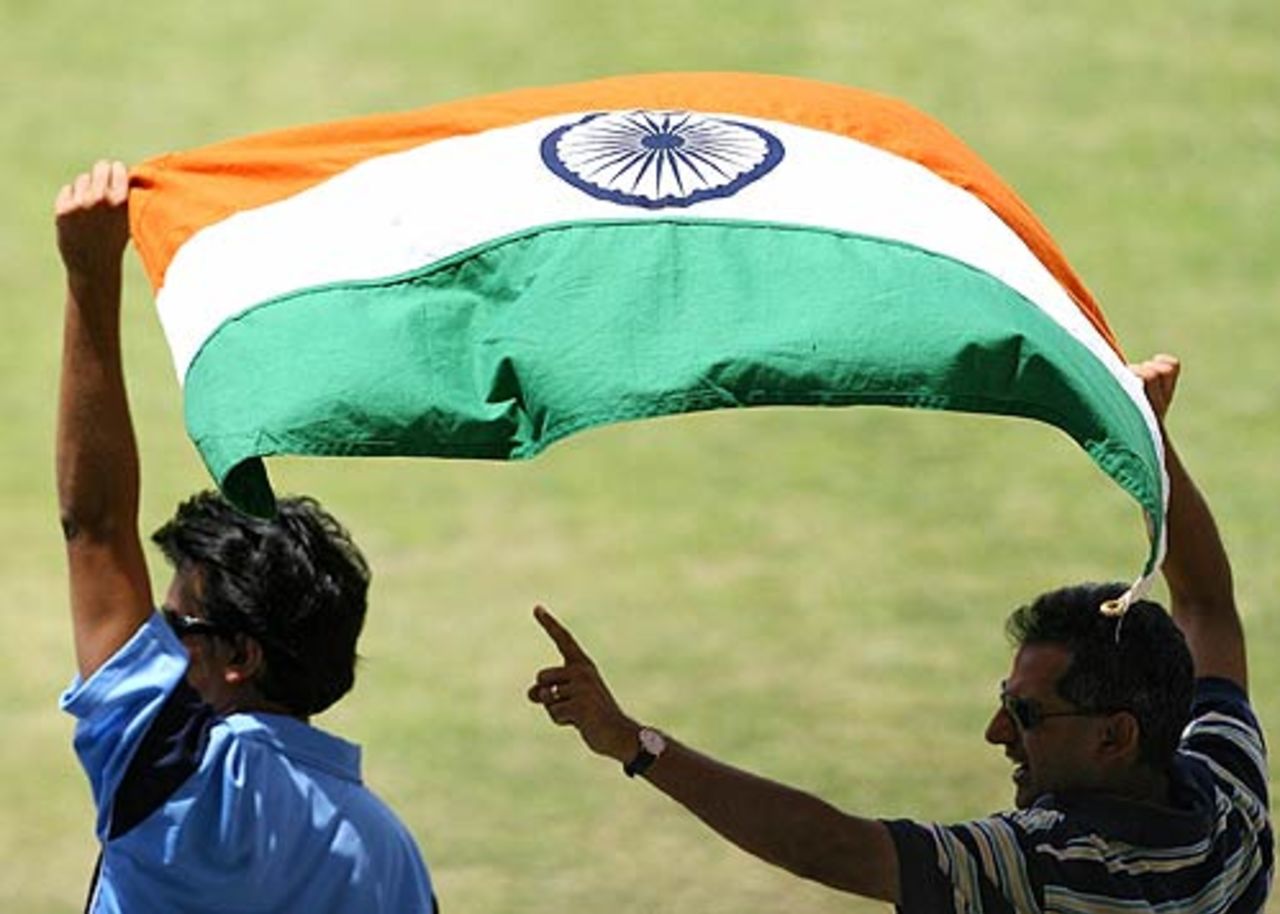 Indian fans wave the Tricolour in celebration, West Indies v India, 4th Test, Jamaica, 2nd day, July 1, 2006