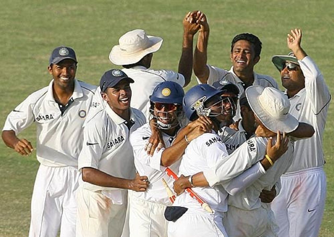 Celebrations break out after the fall of Corey Collymore, West Indies v India, 4th Test, Jamaica, 2nd day, July 1, 2006
