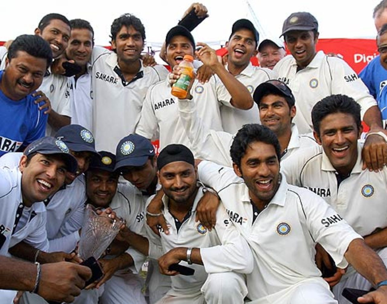 A thrilled Indian bunch pose with the series trophy, West Indies v India, 4th Test, Jamaica, 3rd day, July 2, 2006