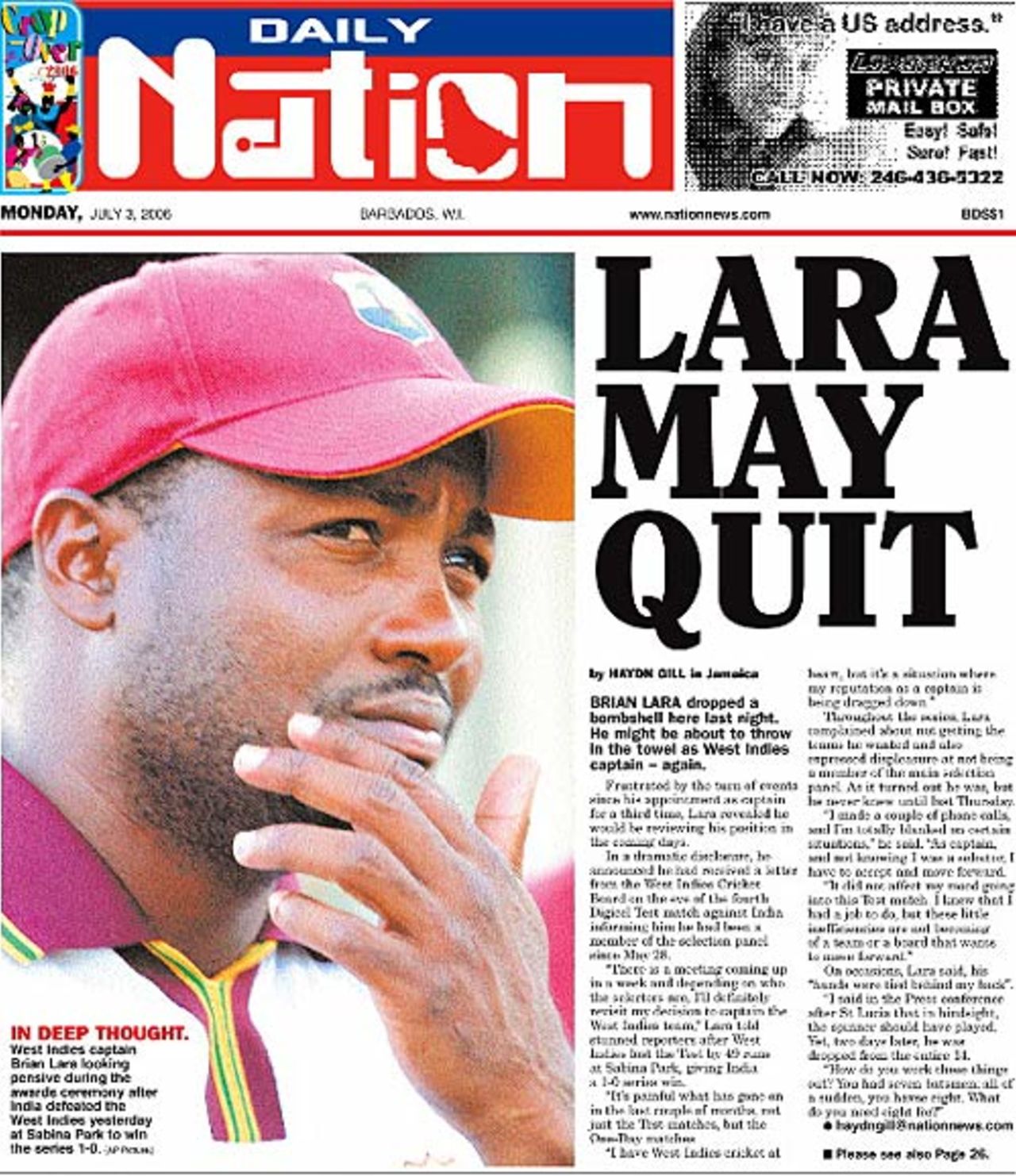 Will Lara quit ... the front page of <I>The Nation</I>, July 3, 2006