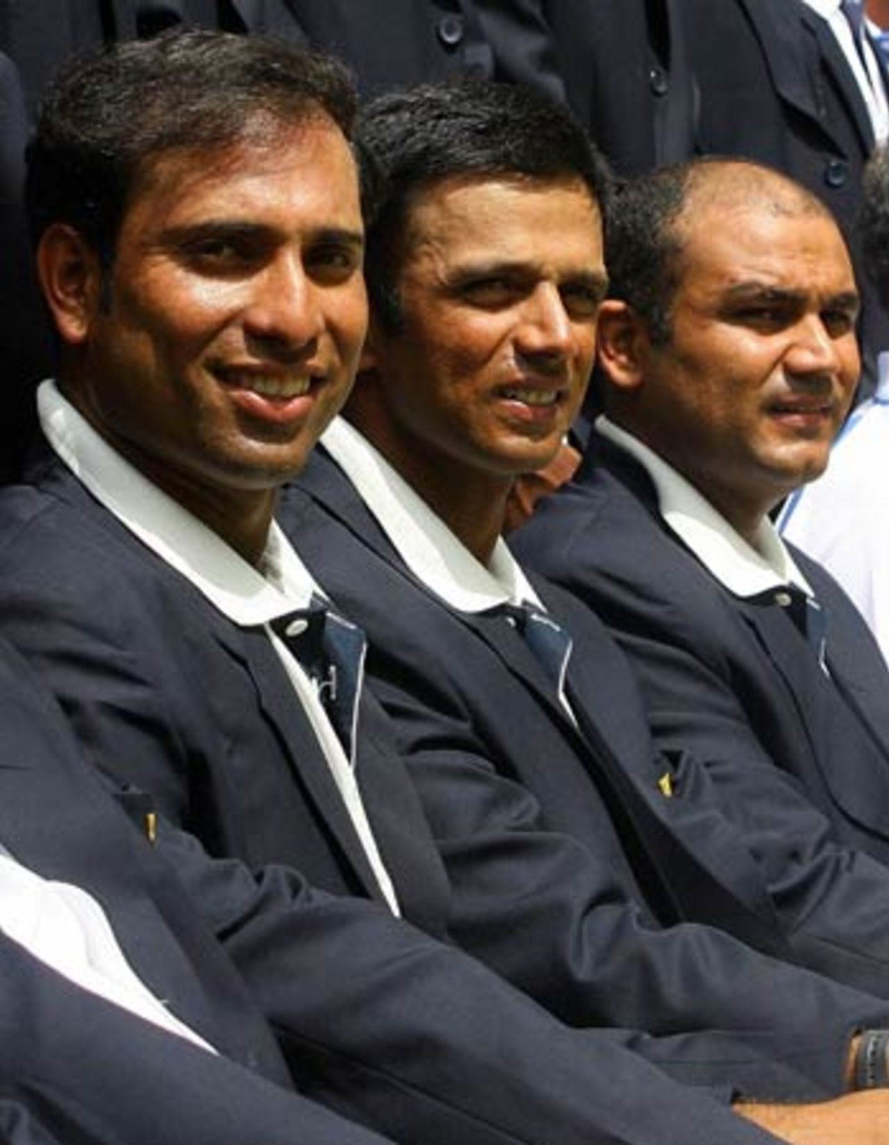 VVS Laxman, Rahul Dravid and Virender Sehwag are all smiles in the team photograph after India beat West Indies, July 3, 2005