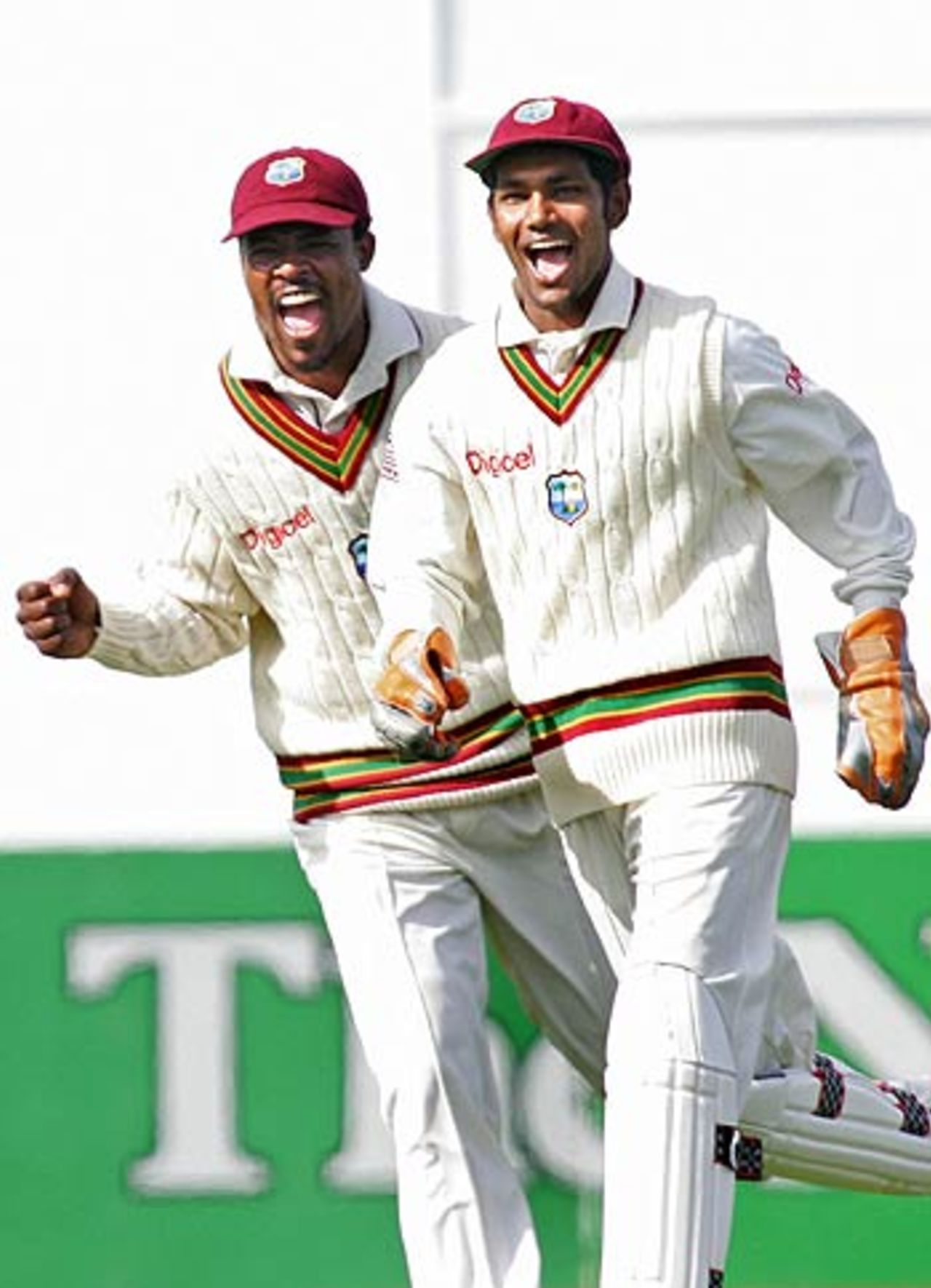 Runako Morton and Denesh Ramdin celebrate the fall of Jamie How's wicket, New Zealand v West Indies, 2nd Test, Wellington, 2nd day