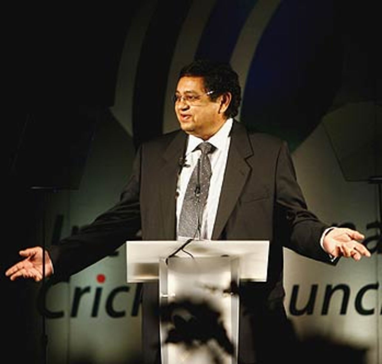 Percy Sonn gesticulates at the ICC's annual conference at Lord's, July 7, 2006 