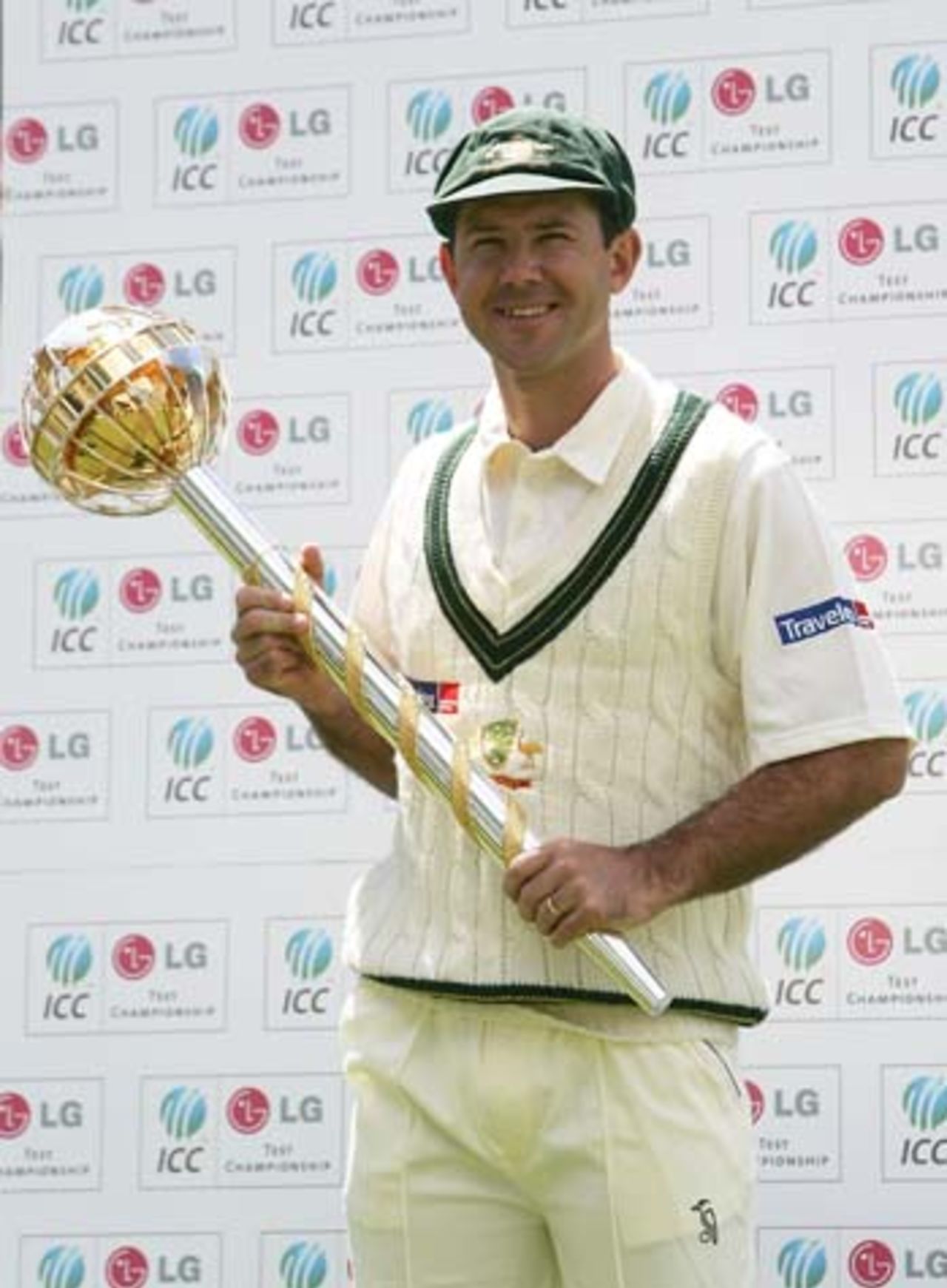 Ricky Ponting of Australia poses with the ICC Test Championship Trophy during the media session at Lords prior to the 1st Ashes Test Match on July 20 2005 in London, England
