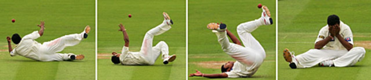 A montage of Danish Kaneria tumbling, and dropping, Paul Collingwood, England v Pakistan, 1st Test, Lord's, July 13, 2006 
