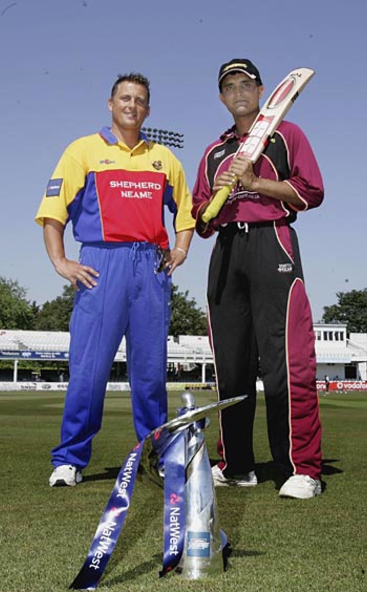 Darren Gough and Sourav Ganguly with the Pro40 trophy as the tournament is launched at Chelmsford, Essex v Northamptonshire, Pro40, Chelmsford, July 18, 2006