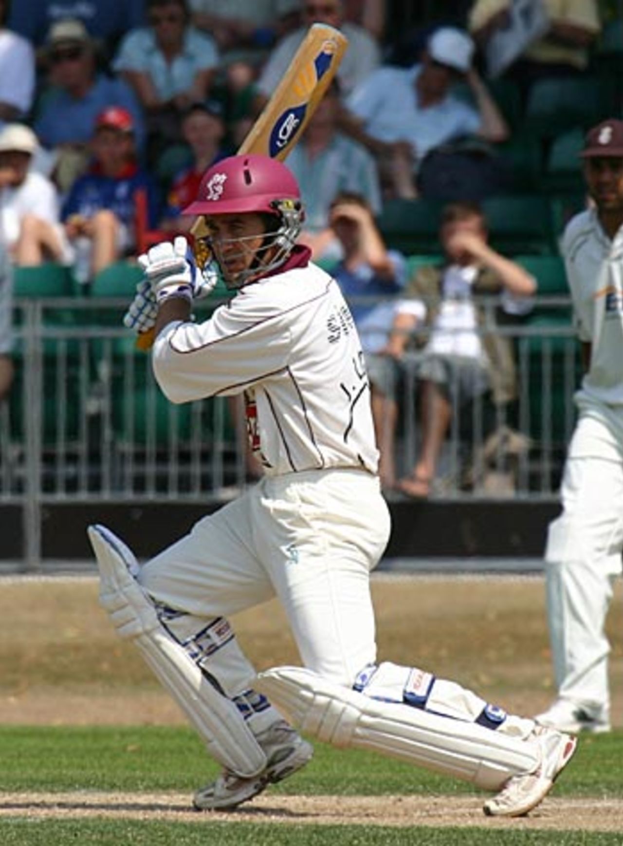 Justin Langer drives on his way to a triple hundred, Surrey v Somerset, Guildford, July 19, 2006