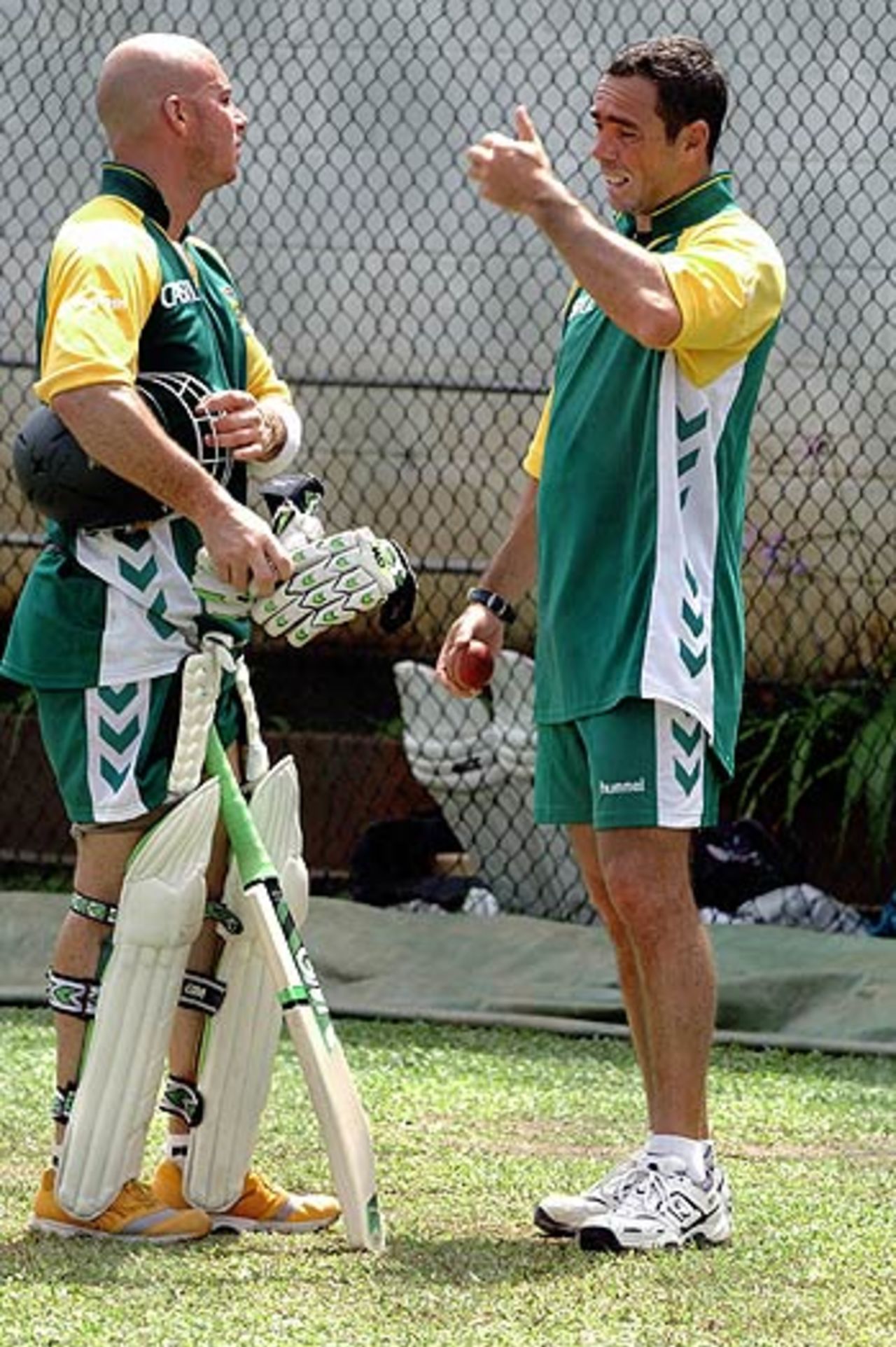 Nicky Boje gives Herschelle Gibbs a few tips on playing spin, Sinhalese Sports Club, Colombo, July 20, 2006