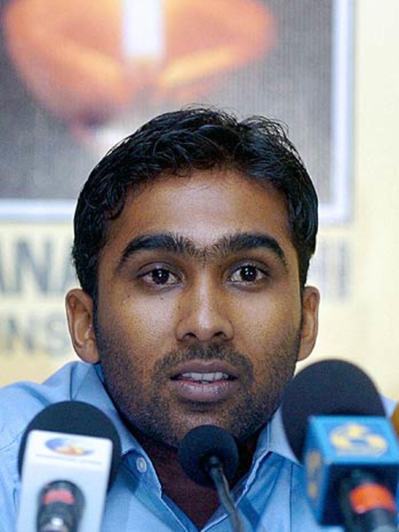 Mahela Jayawardene speaks to the media in Colombo, July 20, 2006