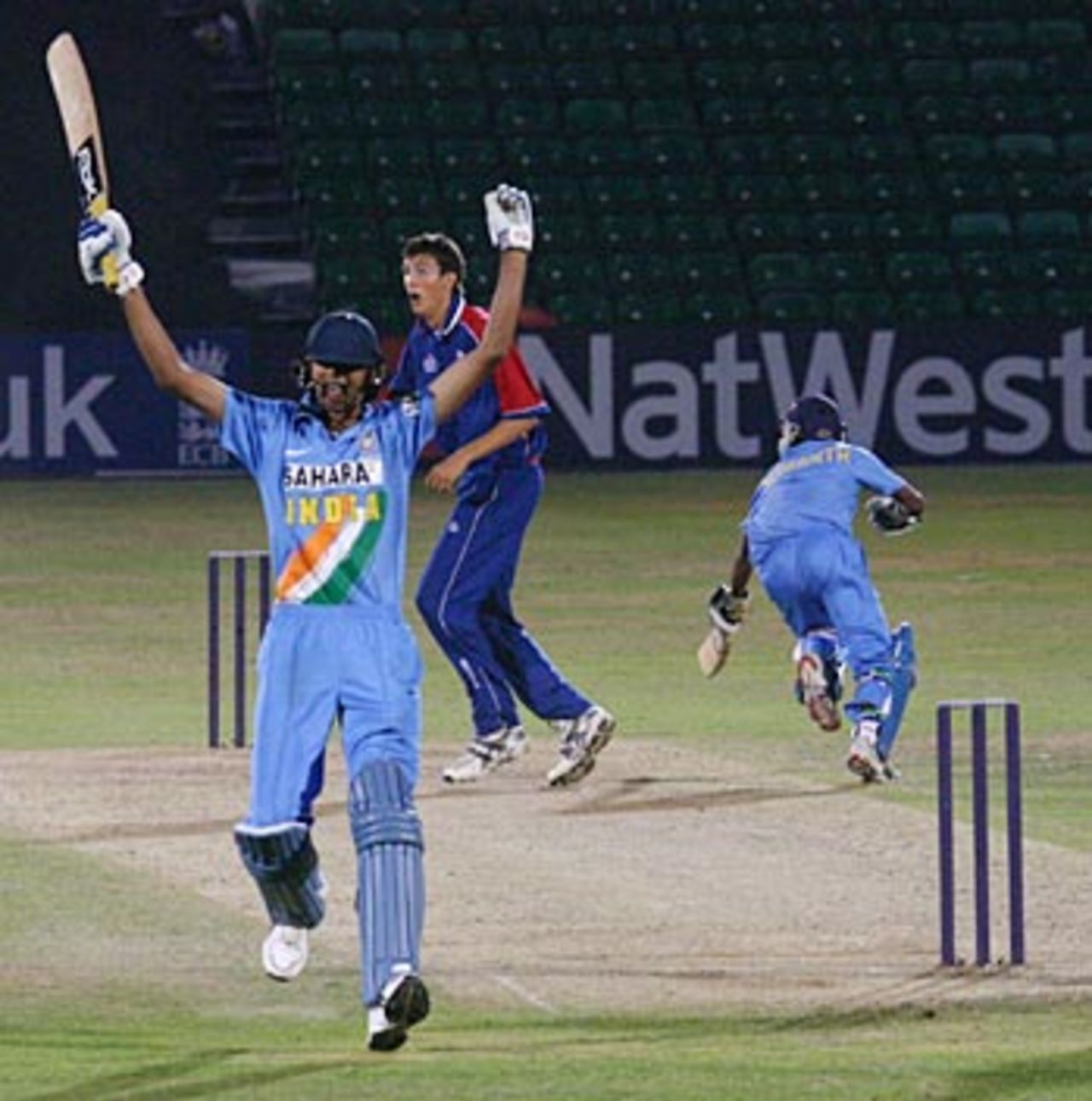 Ishant Sharma celebrates the winning run as Bodapati Sumanth scrambles home, England U-19 v India U-19, 3rd ODI, Cardiff, July 21, 2006
