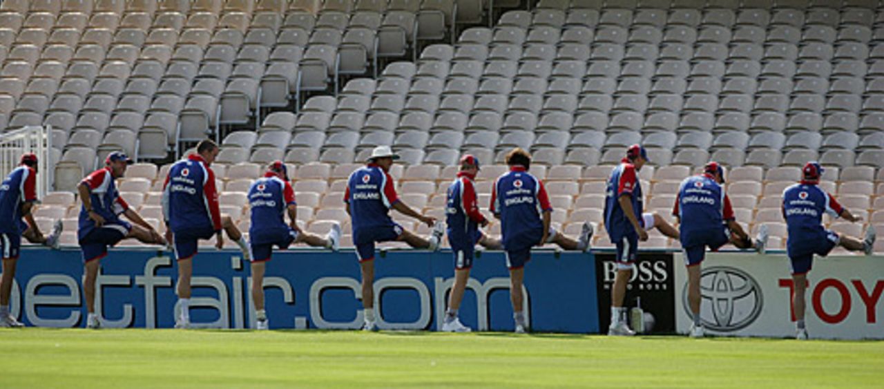 The England players stretch their legs during a training session ahead of the second Test against Pakistan, Old Trafford, July 26, 2006