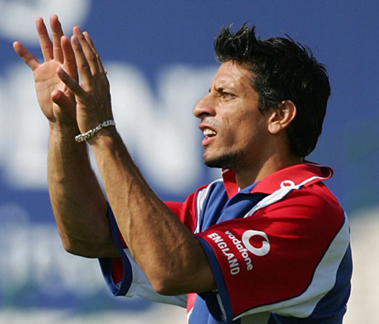 Sajid Mahmood keeps his eye on the ball during a training session ahead of the second Test against Pakistan, Old Trafford, July 26, 2006