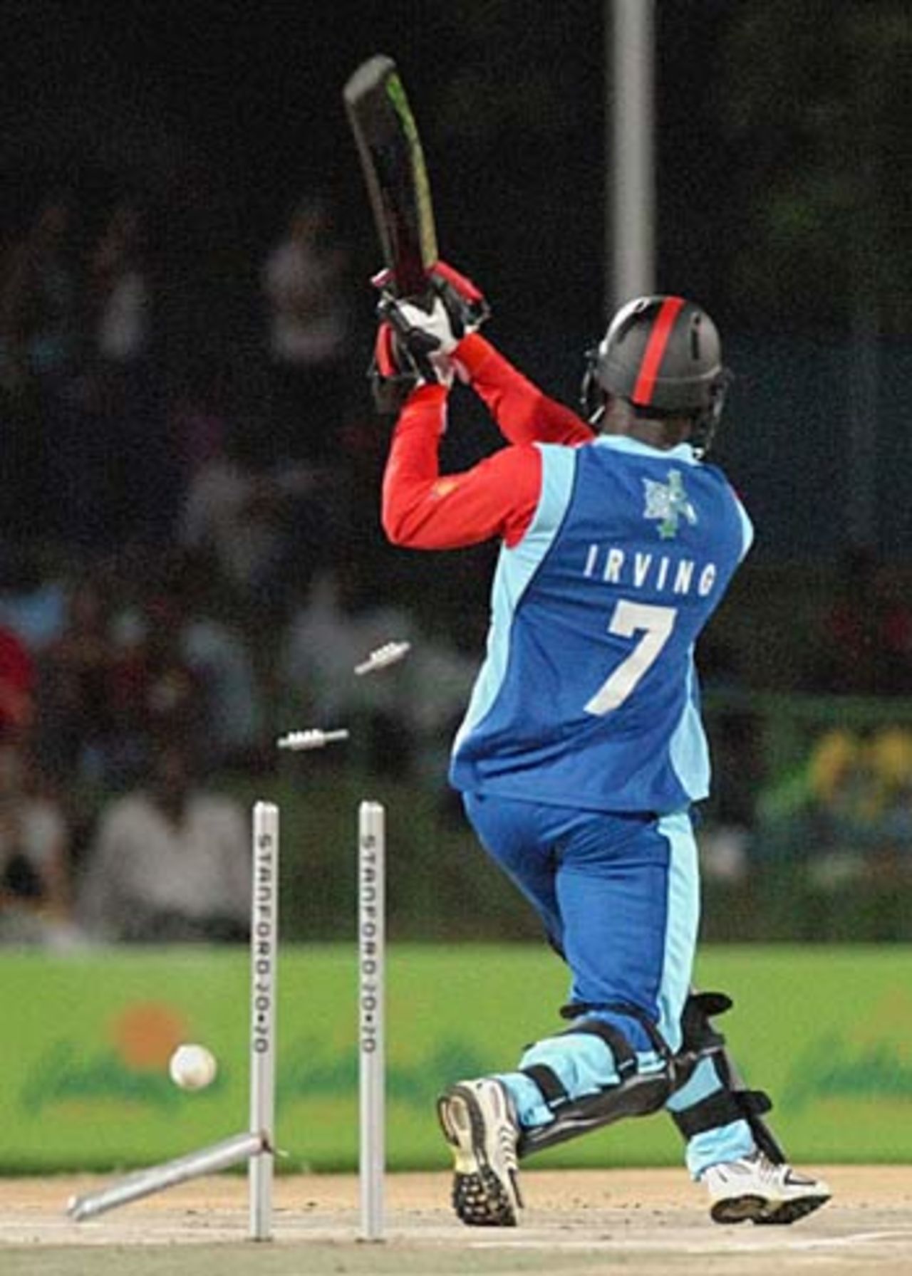Keneil Irving is bowled for 1 by Rayad Emrit, Cayman Islands v Trinidad & Tobago, Stanford 20/20, July 25, 2006 	