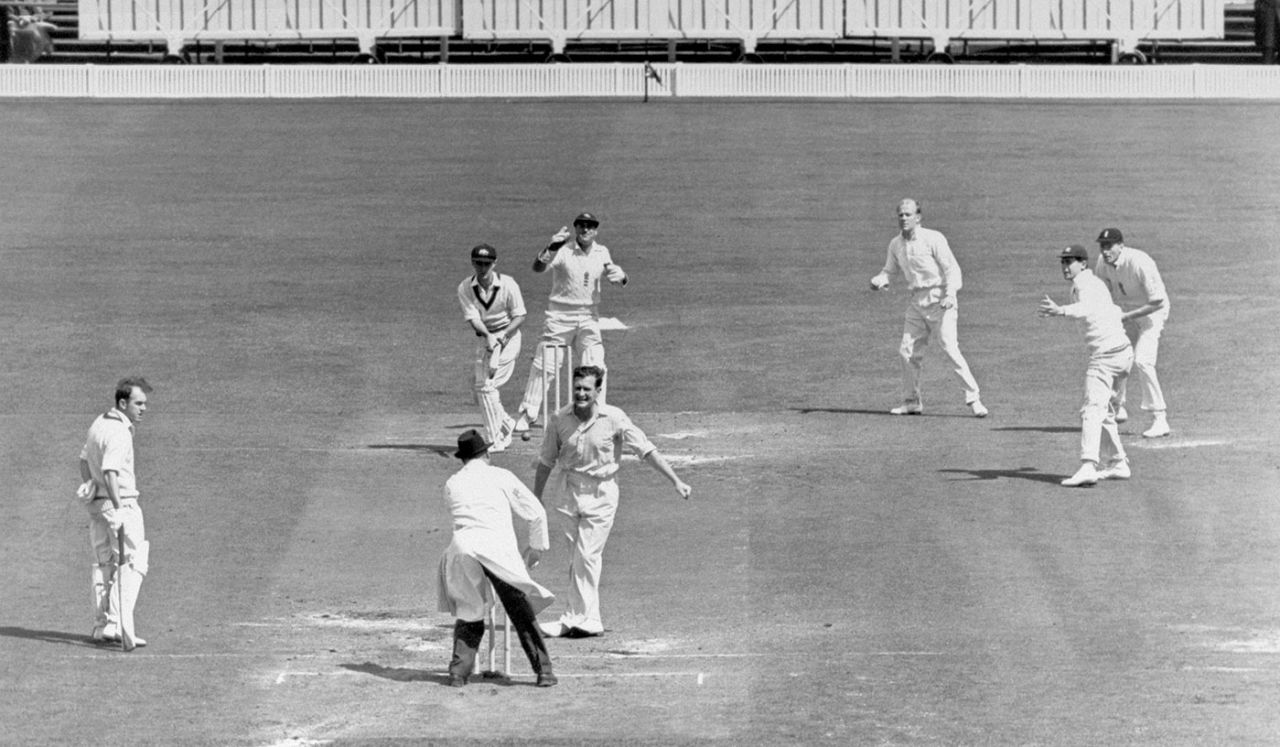 Ian Craig is trapped lbw by Jim Laker in the second innings, England v Australia, Manchester, July 31, 1956