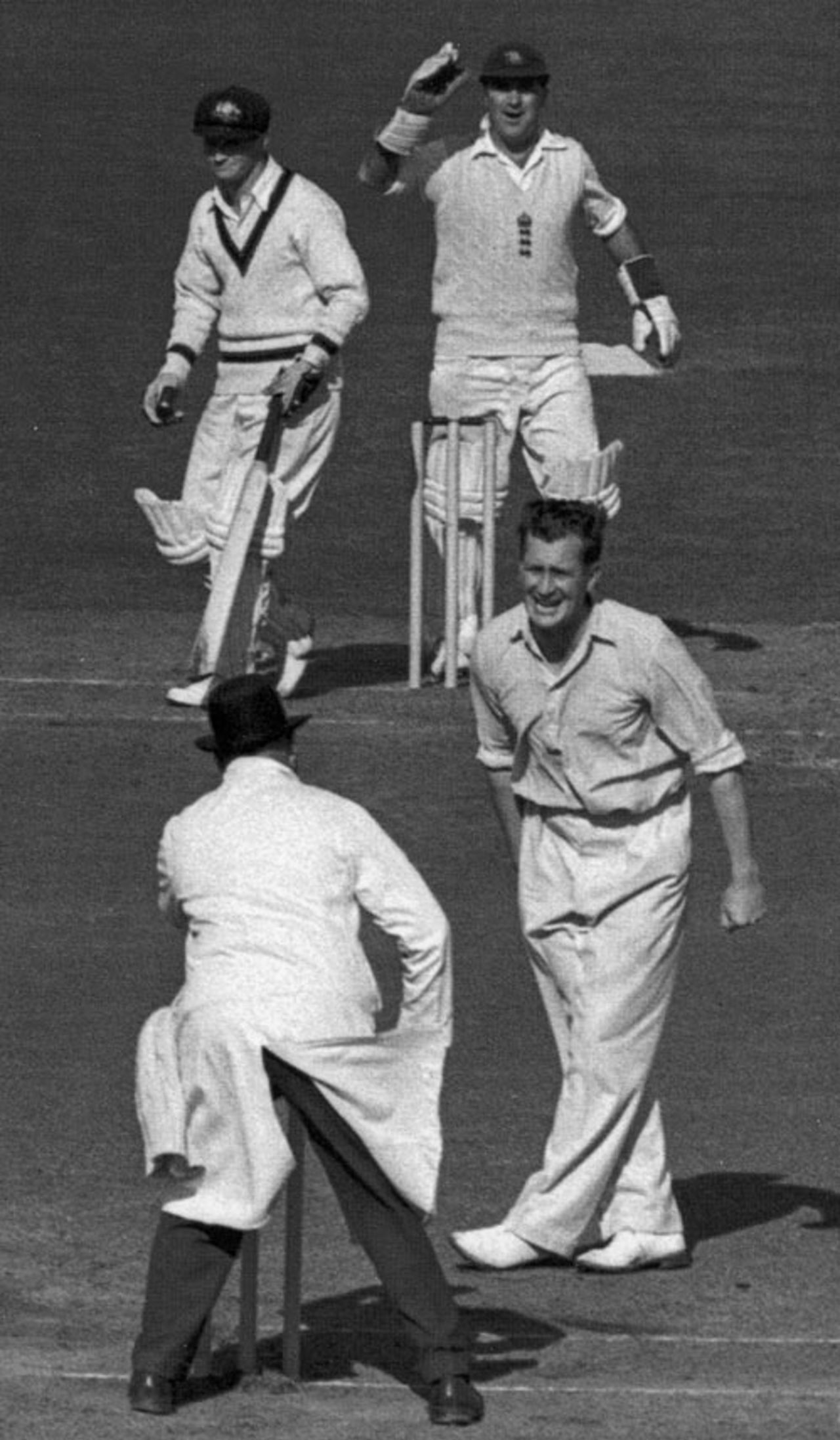 Jim Laker completes his ten-for as Len Maddocks is trapped lbw, England v Australia, Manchester, July 31, 1956