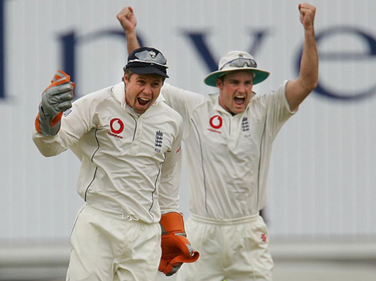 Geraint Jones and Andrew Strauss celebrate the catch that won the match, England v Pakistan, 2nd Test, Old Trafford, July 29, 2006