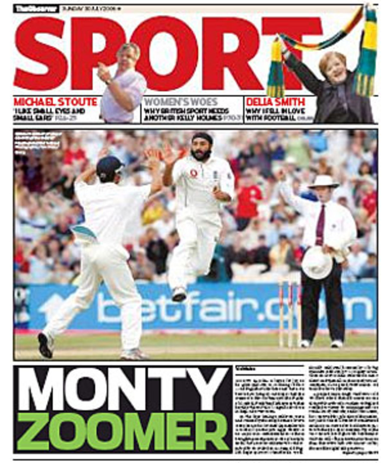 The front page of <I>The Observer</I> following England's win over Pakistan at Old Trafford, July 30, 2006