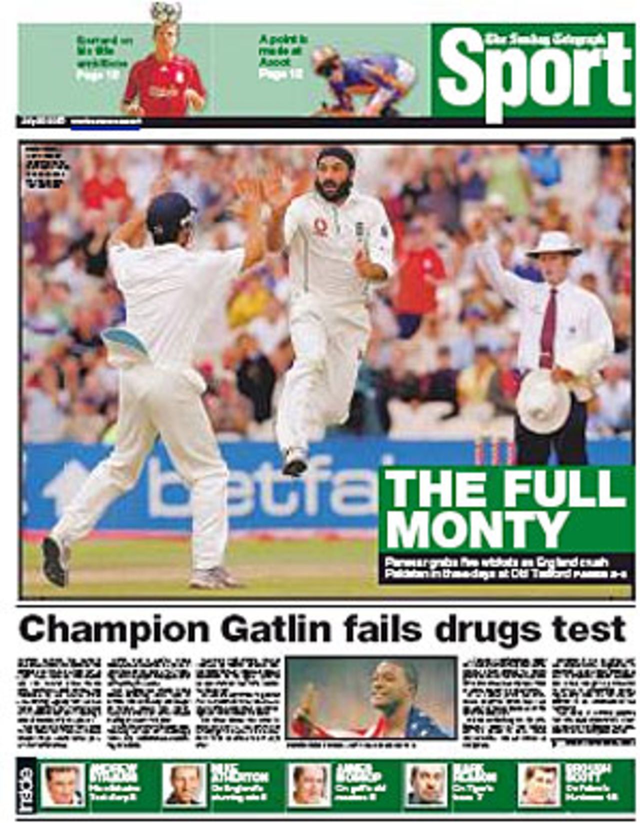 The front page of <I>The Sunday Telegraph</I> following England's win over Pakistan at Old Trafford, July 30, 2006