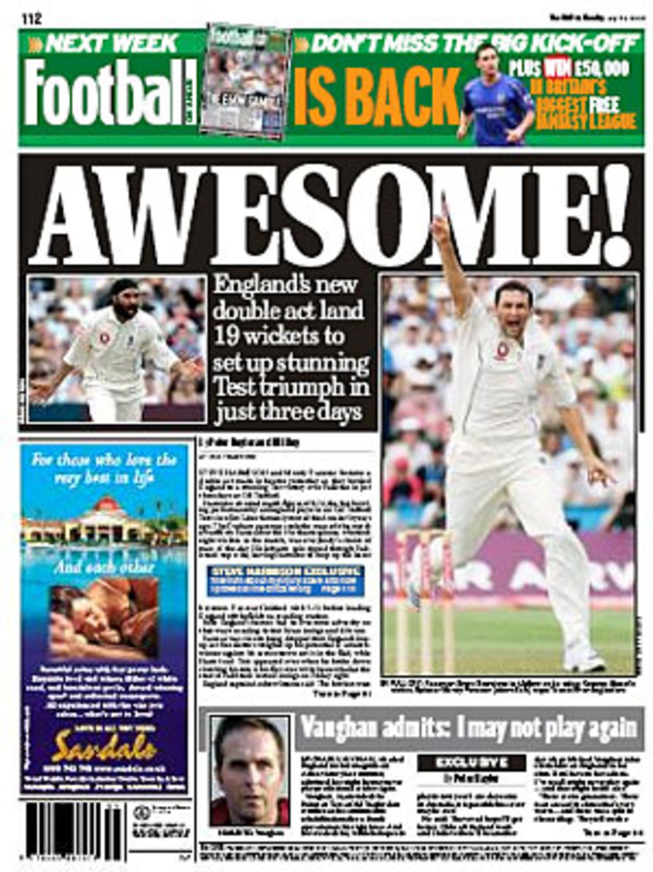 The back page of <I>The Mail On Sunday</I> following England's win over Pakistan at Old Trafford, July 30, 2006